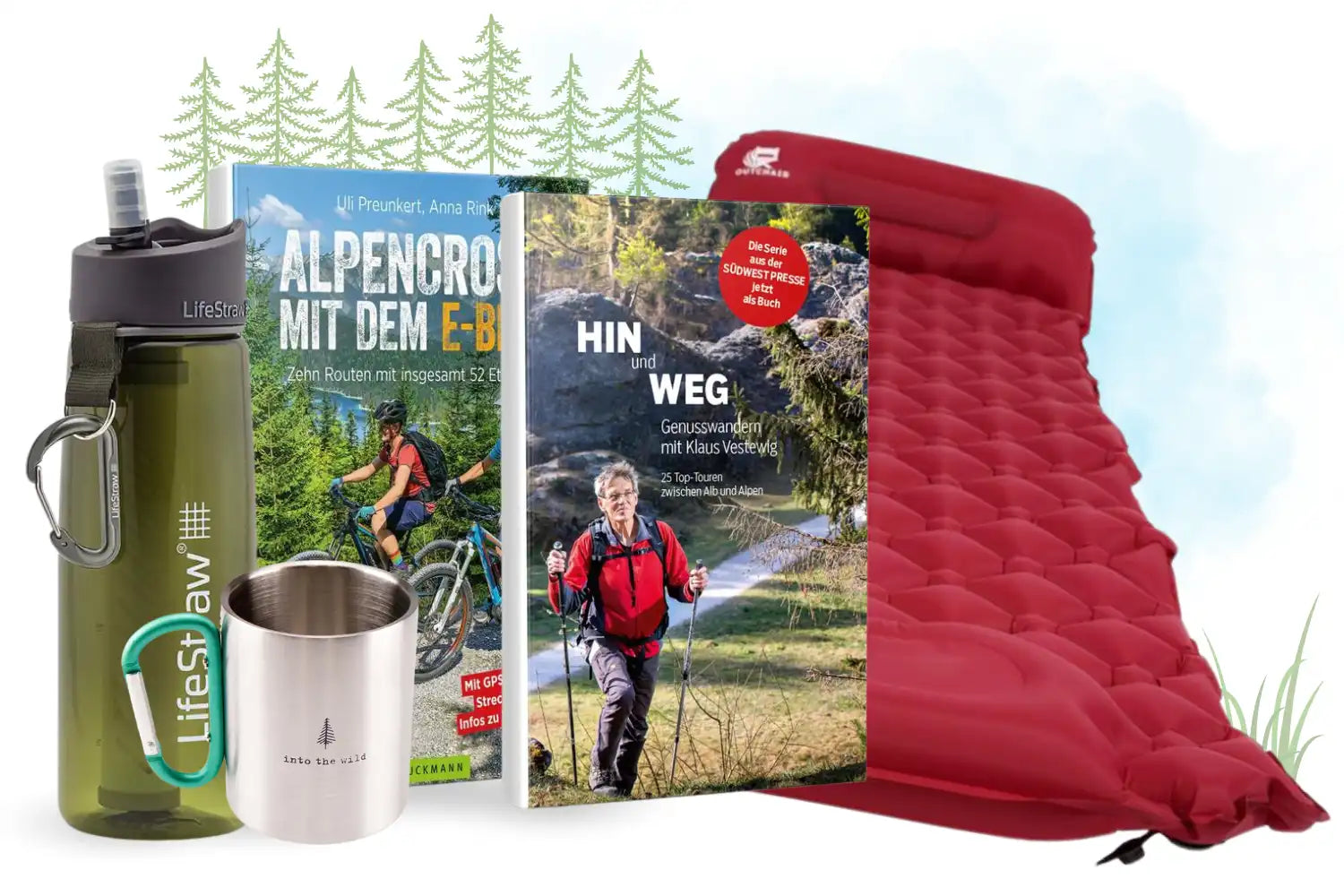 Outdoor und Freizeit Produkte wie Reiseführer und Trinkflaschen