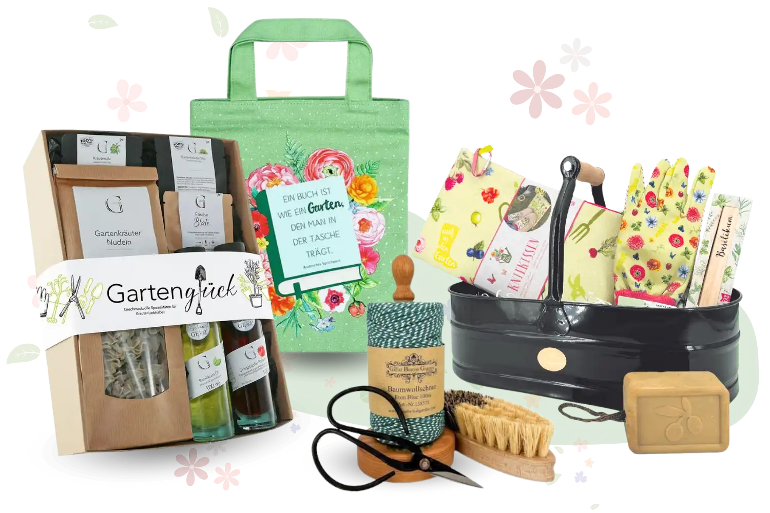 Geschenke für Gartenfreunde wie Gartenhandschuhe und Gemüsebürste