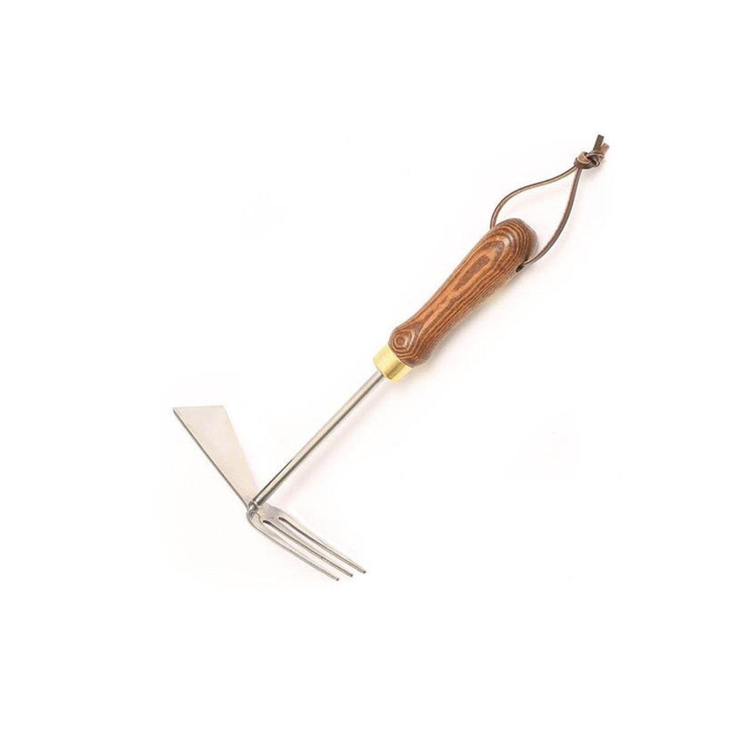 Das vielseitige Gartengeschenkset „Klassik“ verfügt über einen Holzgriff, einen Metallkopf mit einer flachen Klinge auf der einen Seite, drei Zinken auf der anderen Seite und einen Lederriemen zum einfachen Aufhängen.