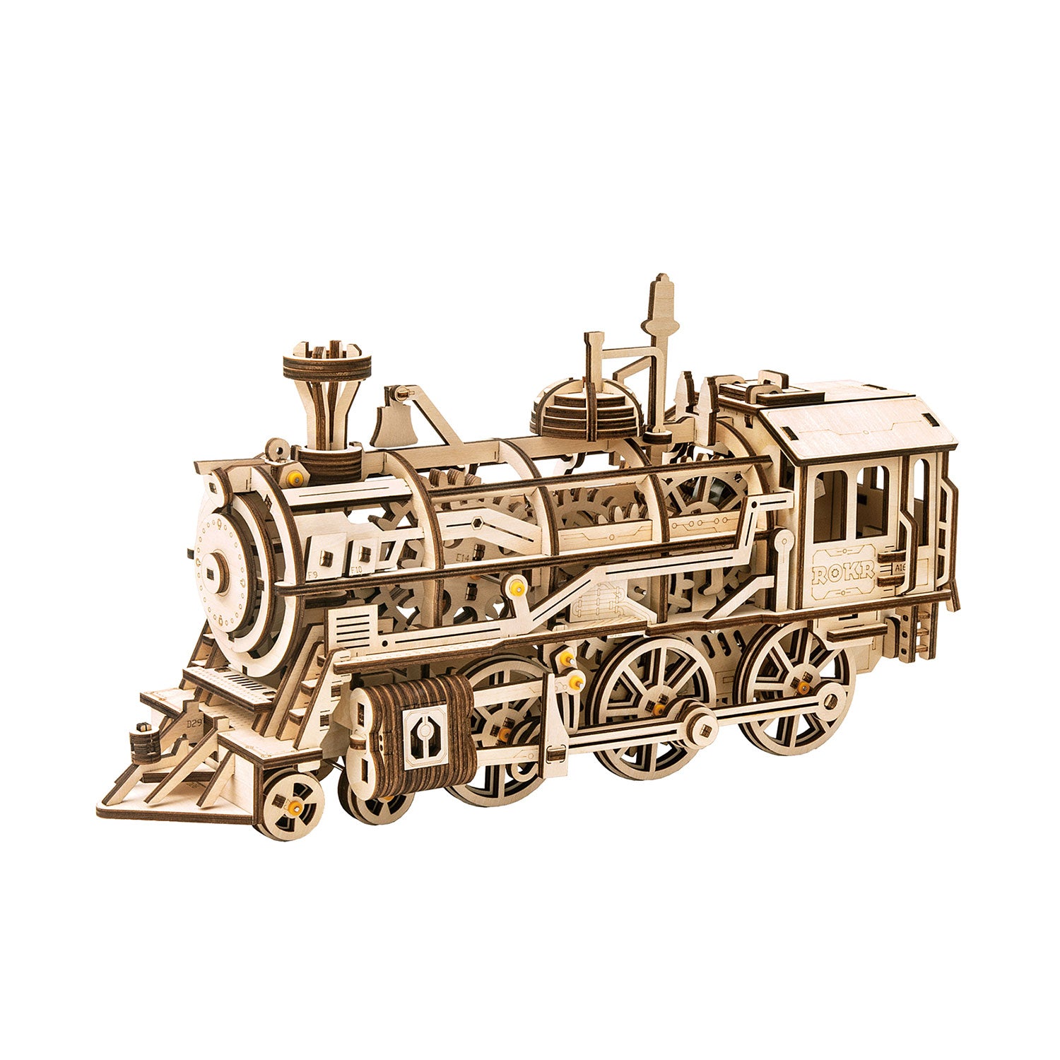 Das 3D-Holzpuzzle „Mechanische Dampf Express Eisenbahn“ ist ein komplexes Modell einer Dampflokomotive aus Holz mit detaillierten Zahnrädern und Rädern, die eine außergewöhnliche Handwerkskunst in einer natürlichen Holzfarbe zeigen.