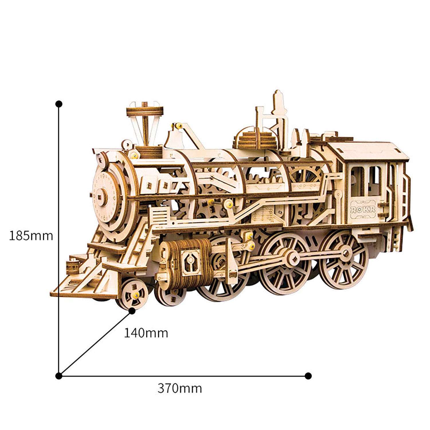 Entdecken Sie das 3D-Holzpuzzle „Mechanische Dampf Express Eisenbahn“, ein detailliertes Holzmodell einer Dampflokomotive mit sichtbaren Zahnrädern und komplizierten Teilen. Es ist 185 mm hoch, 140 mm breit und 370 mm lang – ein beeindruckender mechanischer Modellbausatz für Baubegeisterte.