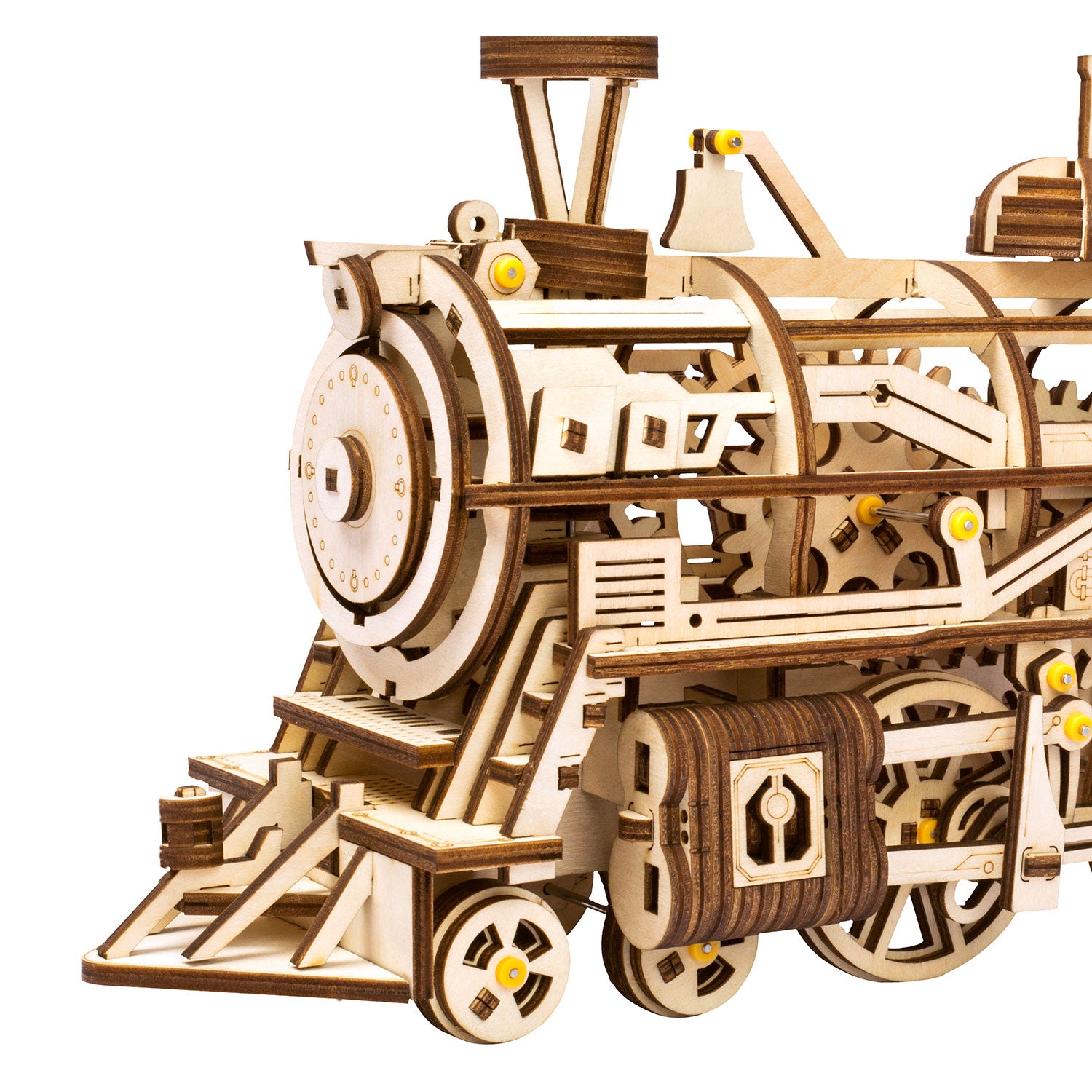 Das 3D-Holzpuzzle Mechanische Dampf Express Eisenbahn ist ein aufwendig gestaltetes Dampflokomotivenmodell aus Holz mit Zahnrädern, Rädern und sichtbaren Verriegelungsteilen in natürlicher Holzoptik, das Liebhaber des Dampflokomotivenbaus begeistert.