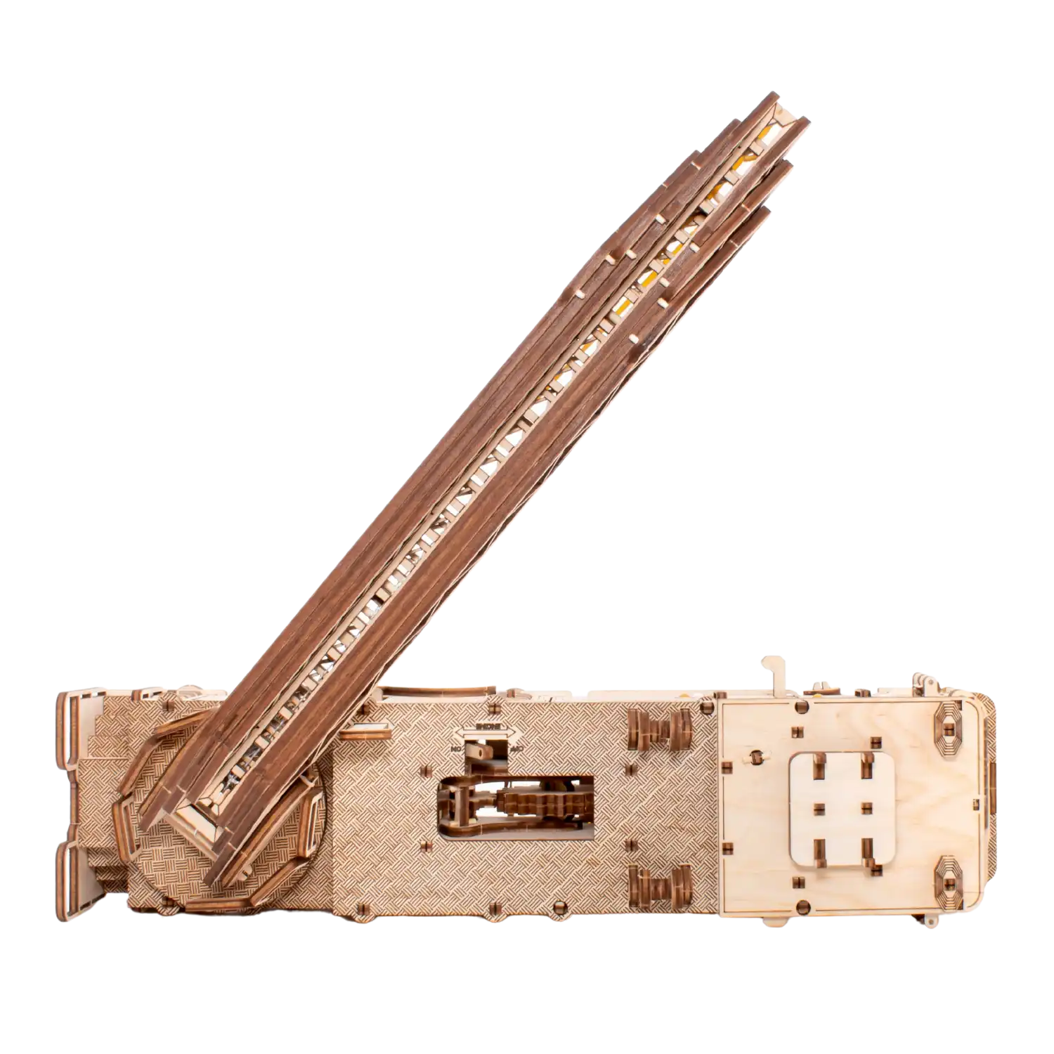 Das 3D-Holzpuzzle Mechanisches Feuerwehrauto ist ein mechanisches Holzmodell, das einer Zugbrücke ähnelt. Die Seitenansicht zeigt komplizierte Zahnräder und Details, die Puzzle-Fans begeistern und durch die komplexen ineinandergreifenden Teile die Feinmotorik fördern.