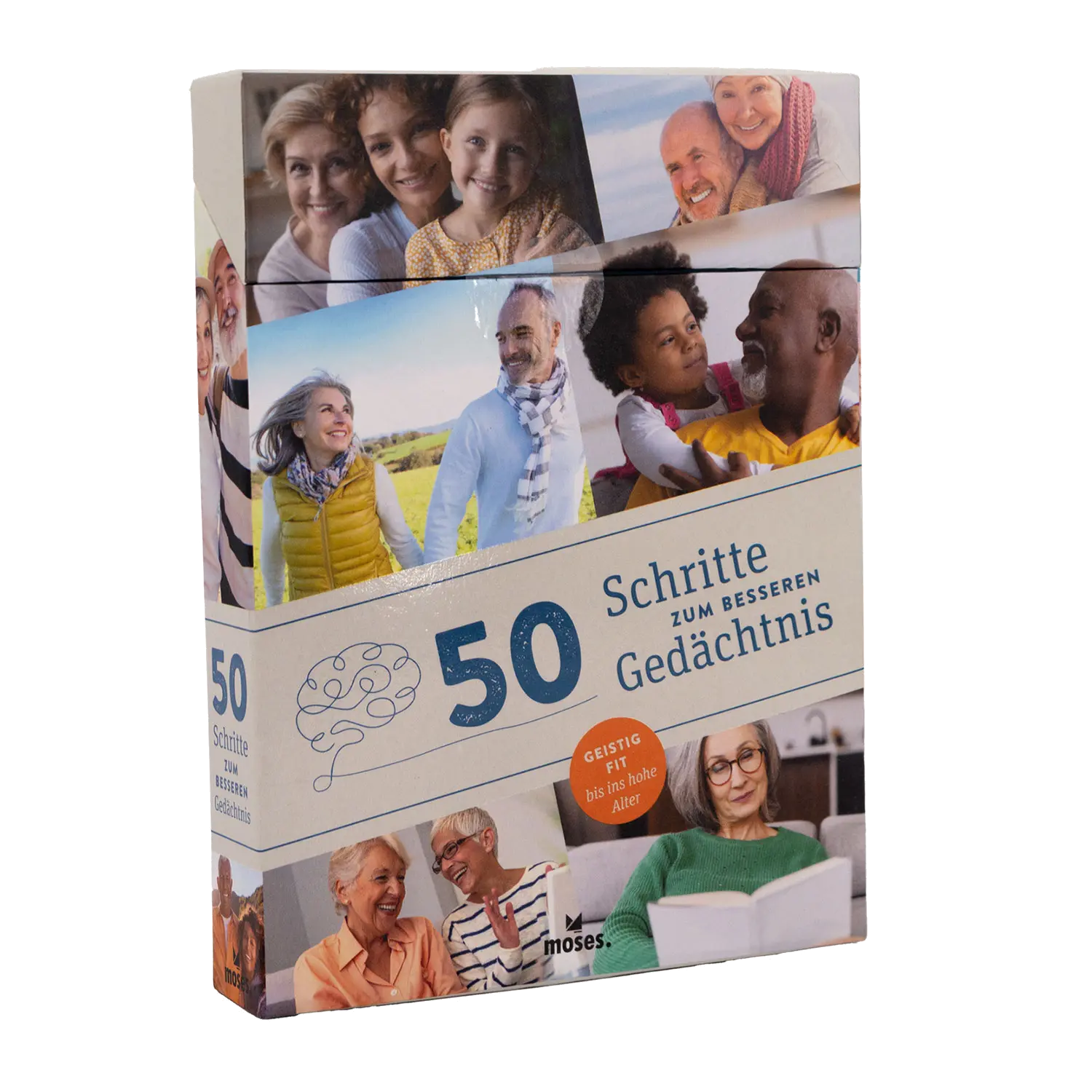 Die Box „50 Schritte zum besseren Gedächtnis“ zeigt fröhliche, vielfältige Menschen in ungezwungenen Situationen, eine Gehirnillustration und ein Abzeichen mit der Aufschrift „geistig fit bis ins hohe Alter“. Steigern Sie Ihr Gedächtnis mit effektiven Techniken, um Ihre geistige Fitness zu verbessern.