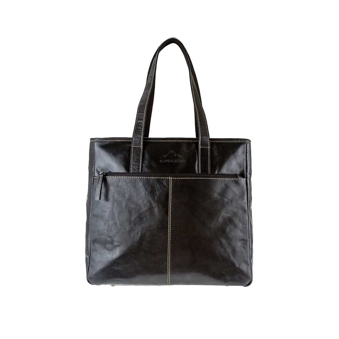 Die Handtasche aus Büffelleder für Damen ist eine schwarze Ledertasche mit Doppelgriffen, sichtbaren Nähten, einer Reißverschlusstasche vorne, glatter Textur und dezentem Logo auf der Vorderseite. Sie ist funktional und sorgt für Ordnung im Alltag.
