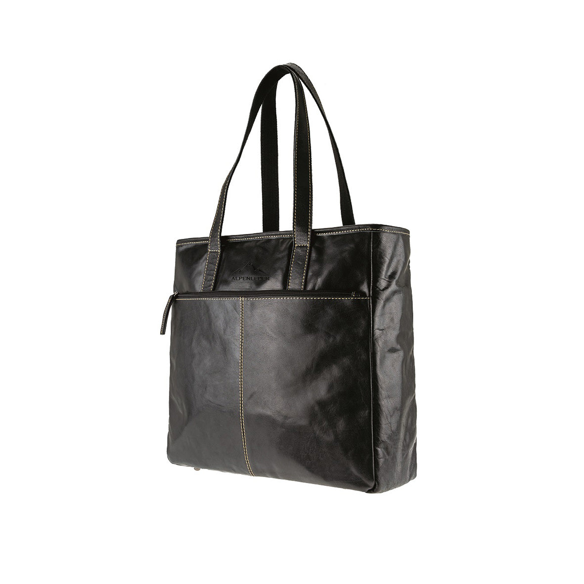 Die „Handtasche aus Büffelleder für Damen“ ist eine schwarze Ledertasche mit zwei Schultergurten, vertikalen und horizontalen Nähten, einer Vordertasche mit Reißverschluss und dezenten Steppnähten. Sie ist aus wasserabweisendem Material gefertigt, um Ihre wichtigsten Dinge zu schützen.
