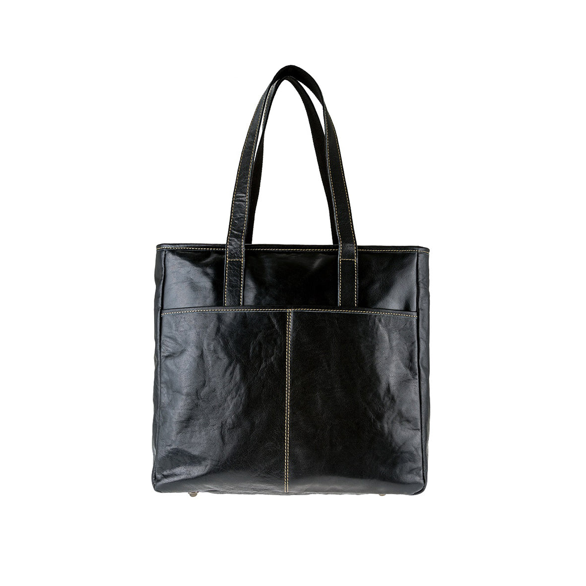 Die Handtasche aus Büffelleder für Damen ist eine schwarze Ledertasche mit zwei Henkeln und Kontrastnähten. Diese stilvolle, funktionale Tasche verfügt über eine Fronttasche und ein minimalistisches Design, perfekt als Laptop-Tasche. Das wasserabweisende Material sorgt für Langlebigkeit vor einem schlichten weißen Hintergrund.