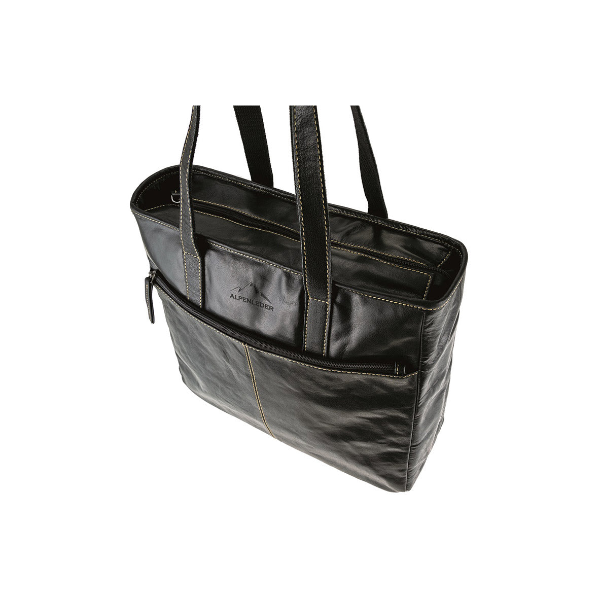 Die Handtasche aus Büffelleder für Damen ist eine schwarze Ledertasche mit zwei Griffen und gelben Nähten. Sie verfügt über eine wasserabweisende Vordertasche und ein Reißverschlussfach und ist somit die perfekte funktionale Tasche für den sicheren Transport Ihrer wichtigsten Dinge.