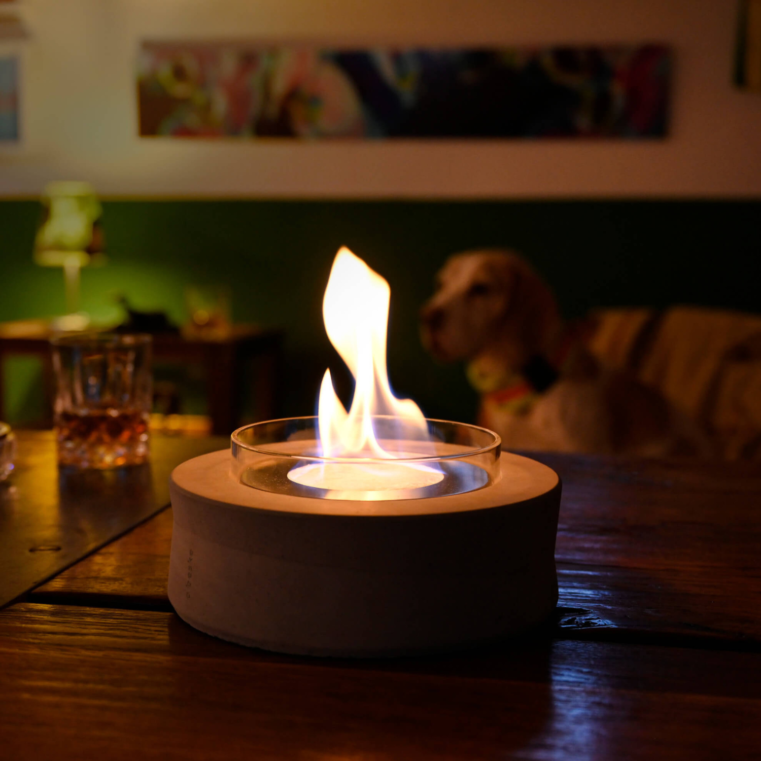 Ein Ethanolfeuer der Beske Manufaktur brennt in einem Glashalter, während im sanft beleuchteten Hintergrund ein Hund auf einem Sofa ruht.