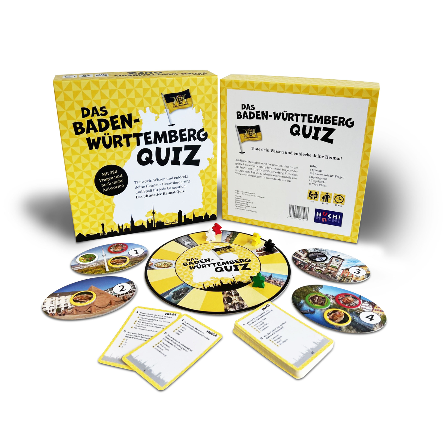 Das Baden-Württemberg-Quiz enthält eine Schachtel, Karten, Spielsteine und ein rundes Spielbrett – ideal, um Ihr Wissen über die Region in einem unterhaltsamen Quizspielformat zu testen!.