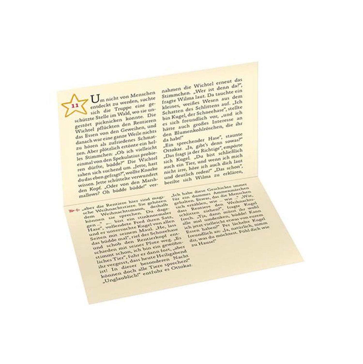 Das Buch „Wichtelige Weihnachten“ ist aufgeschlagen und zeigt eine Seite mit deutschem Text in zwei Spalten. Über der linken Spalte befindet sich ein kleiner Stern mit der Aufschrift „11“, ähnlich den traditionellen Anmerkungen zur Weihnachtsgeschichte. Er liegt auf einem strahlend weißen Hintergrund.