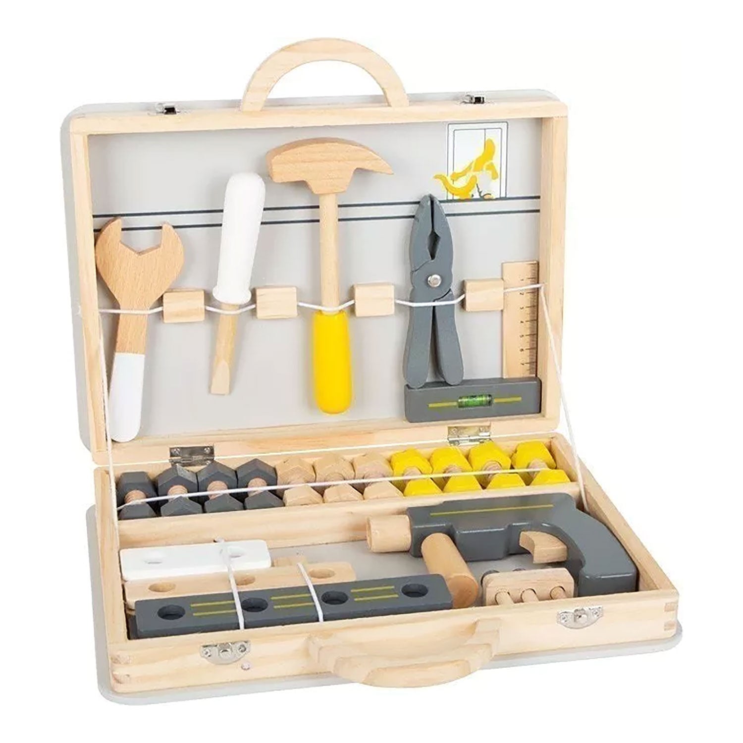 Der „Werkzeugkoffer für Kinder ab 3 Jahre (aus Holz)“ ist perfekt für kleine Handwerker und enthält Hammer, Schraubenschlüssel, Zange, Wasserwaage und Schrauben. Die offene Box sorgt mit Gummibändern in heller Holzoptik für die organisierte Aufbewahrung der Werkzeuge – ideales Rollenspiel-Zubehör für fantasievolles Spielen.