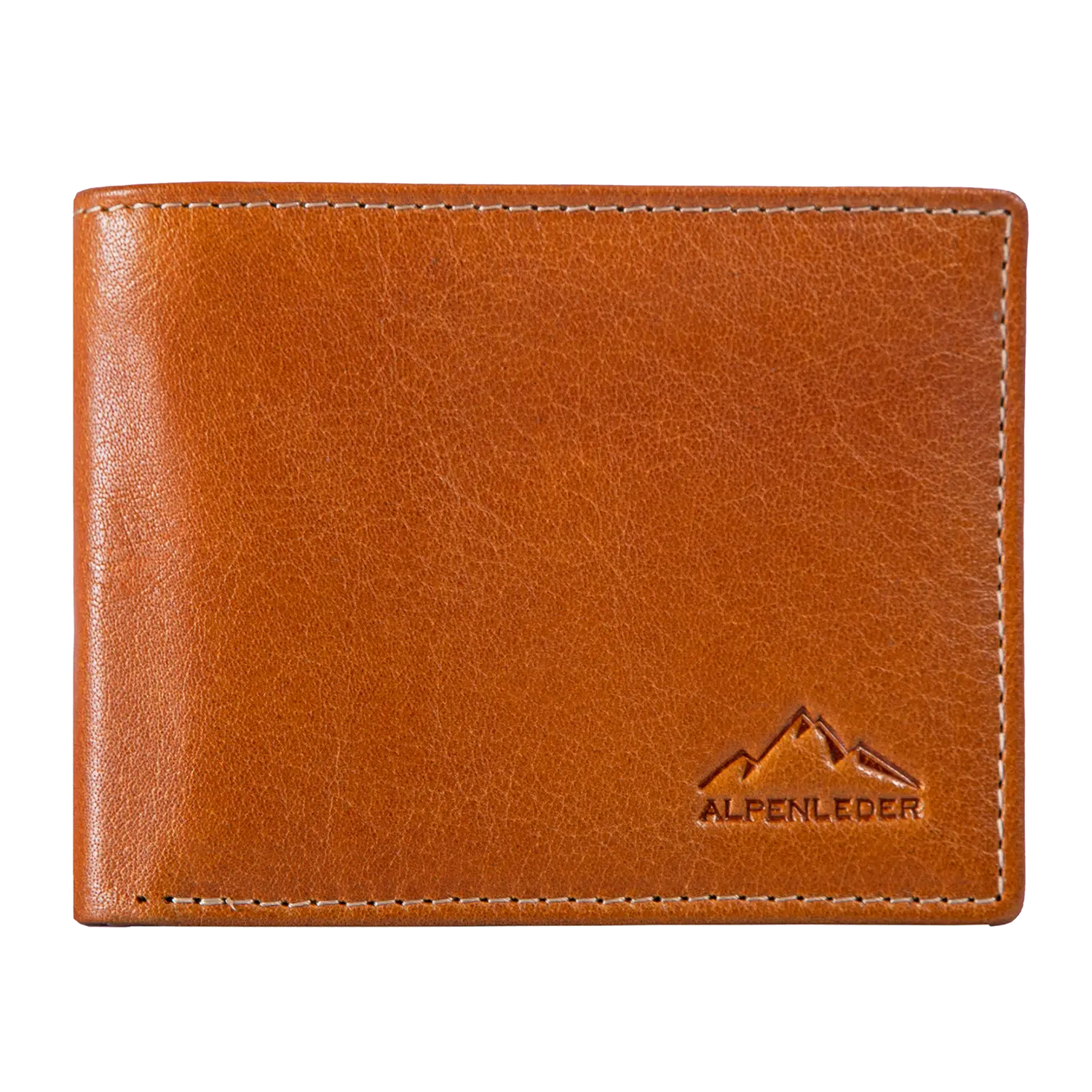 Der braune Büffelleder Herrengeldbeutel AMBRAS von ALPENLEDER mit minimalistischem Berglogo auf der Vorderseite bietet RFID-Schutz für die Kartensicherheit. Seine glatte Textur und die rechteckige Form sorgen für zeitlosen Stil.