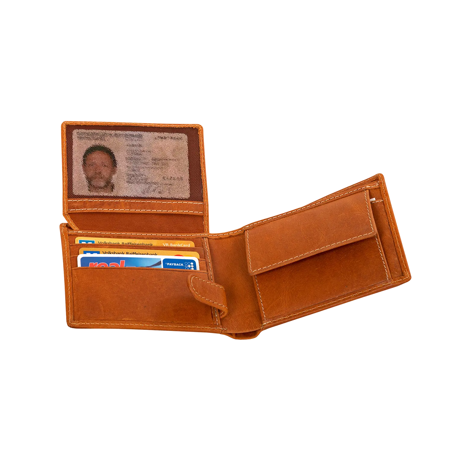 Der Herrengeldbeutel AMBRAS mit RFID-Schutz ist eine offene braune Lederbrieftasche aus hochwertigem Büffelleder mit mehreren Kreditkartenfächern, einem transparenten Ausweisfach und aufwendiger Nahtführung, die sowohl Stil als auch Sicherheit bietet.