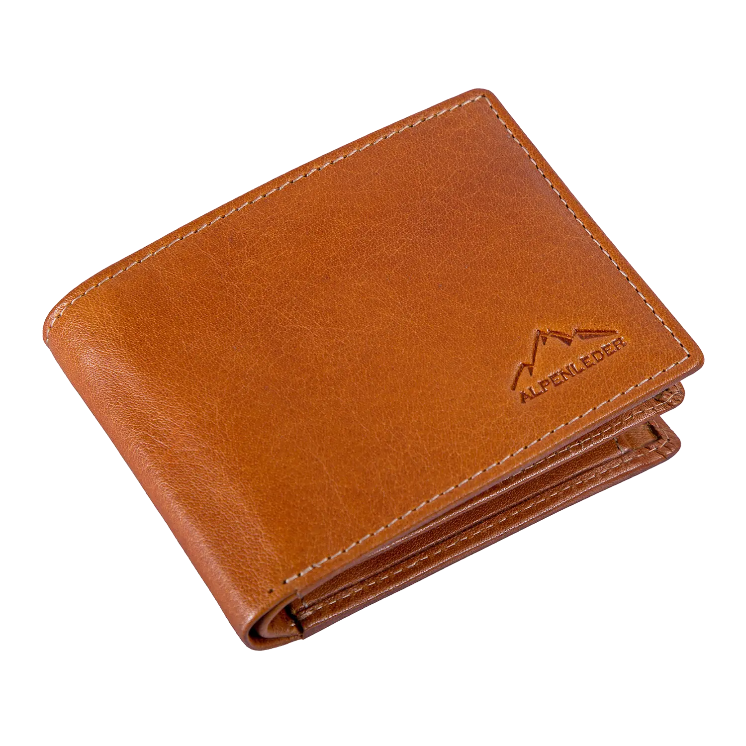 Der Herrengeldbeutel AMBRAS mit RFID-Schutz ist eine braune Brieftasche aus Büffelleder mit schlichtem Design, einem geprägten Berglogo und „ALPENLEDER“ an der Ecke, die stilvolle Winkel mit Sicherheit verbindet.