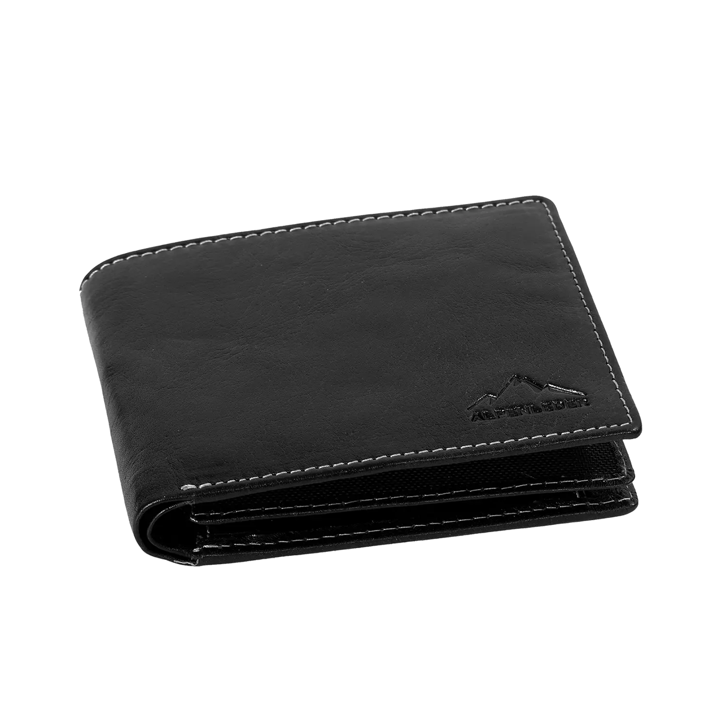 Der Herrengeldbeutel AMBRAS, eine schwarze Geldbörse aus Büffelleder mit weißen Nähten und geprägtem Berggipfel-Logo, verfügt über RFID-Schutz und präsentiert sich auf weißem Hintergrund.