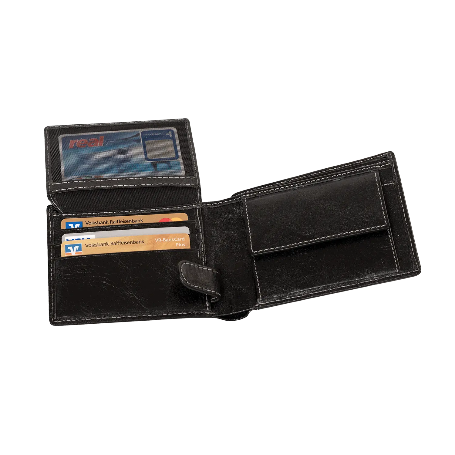 Der Herrengeldbeutel AMBRAS aus Büffelleder mit RFID-Schutz präsentiert elegant drei Karten, hat ein Fach auf der rechten Seite für Bargeld oder Quittungen und ein durchsichtiges Kartenfach auf der linken Klappe.