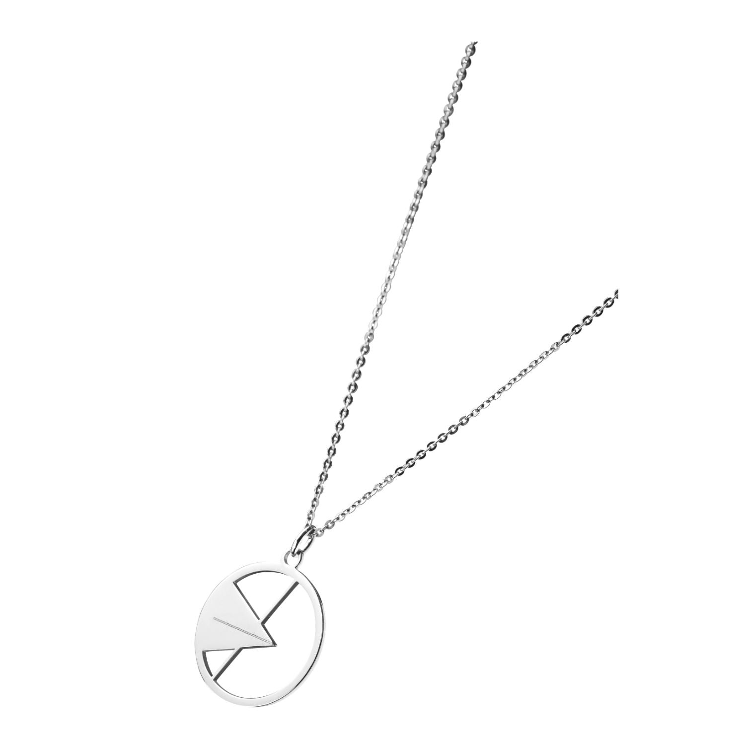 Die Halskette „Anhänger ‚Ulmer Spatz‘ Silber“ verfügt über einen auffälligen runden Anhänger mit abstraktem Blitzdesign, ergänzt durch eine feine Kette, die einen minimalistischen und modernen Stil ausstrahlt, der an das zeitgenössische Flair Ulms erinnert.