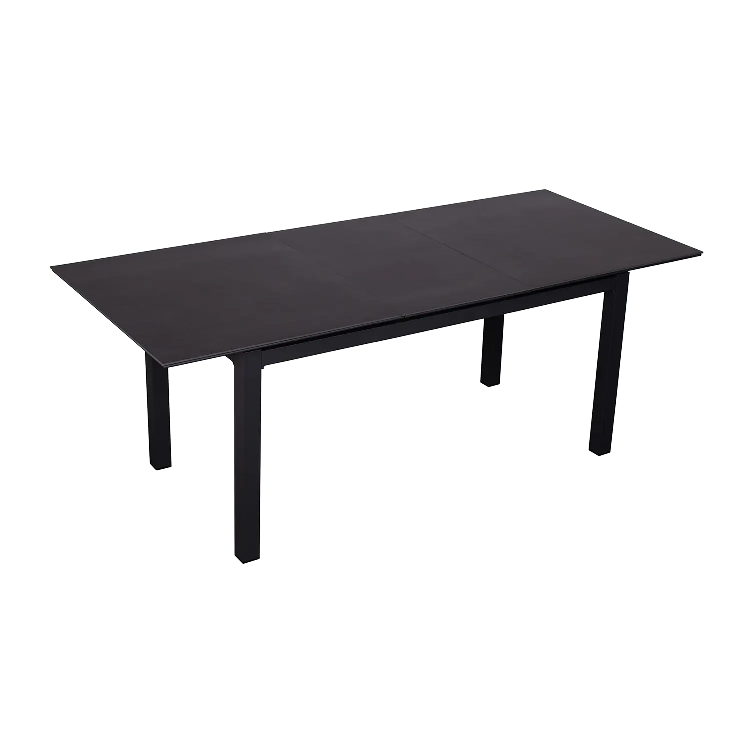 Der Gartentisch ausziehbar Tarifa ist ein moderner, rechteckiger schwarzer Esstisch mit vier geraden Beinen und einer Keramikplatte auf weißem Hintergrund. Sein Design ist minimalistisch und elegant.