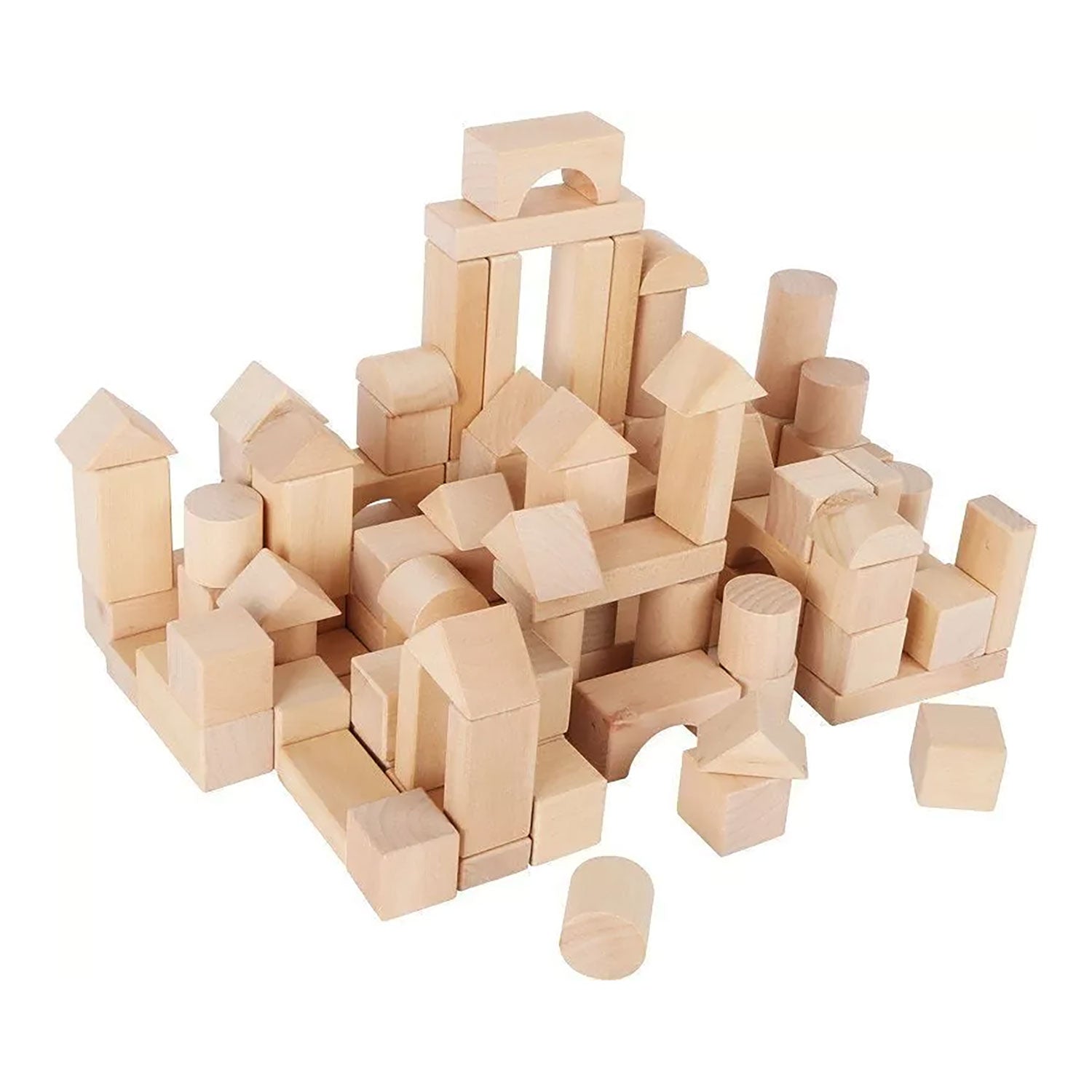 Holzbausteine für Kinder wie Würfel, Zylinder und Bögen