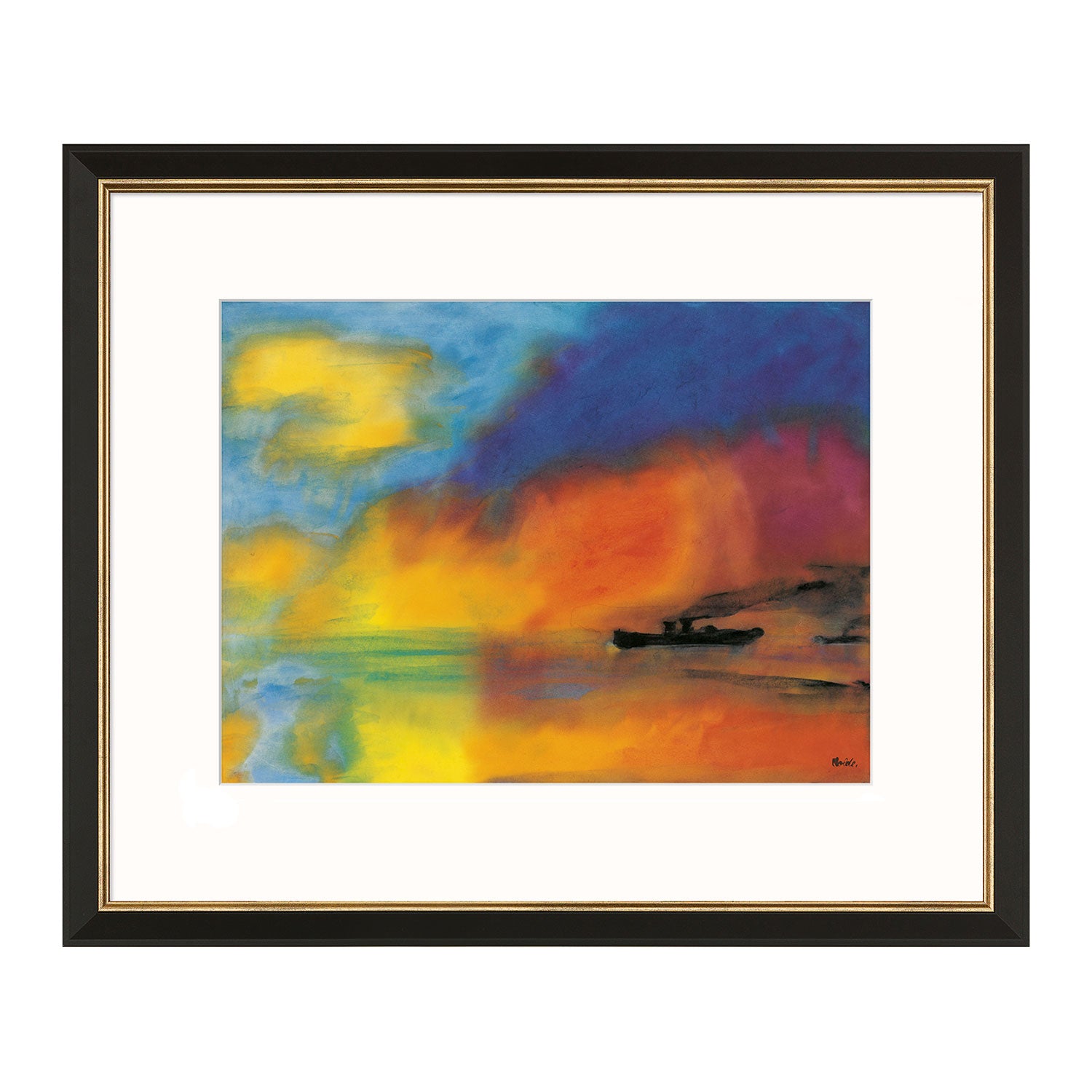 Das gerahmte Kunstwerk „Meer mit zwei kleinen Dampfern“ zeigt eine lebendige Aquarell-Meereslandschaft mit einem Boot, inspiriert vom Stil Emil Noldes. Leuchtende Farben in Blau-, Gelb-, Orange- und Lilatönen verschmelzen mit einem dramatischen Himmel und spiegeln sich im Wasser.