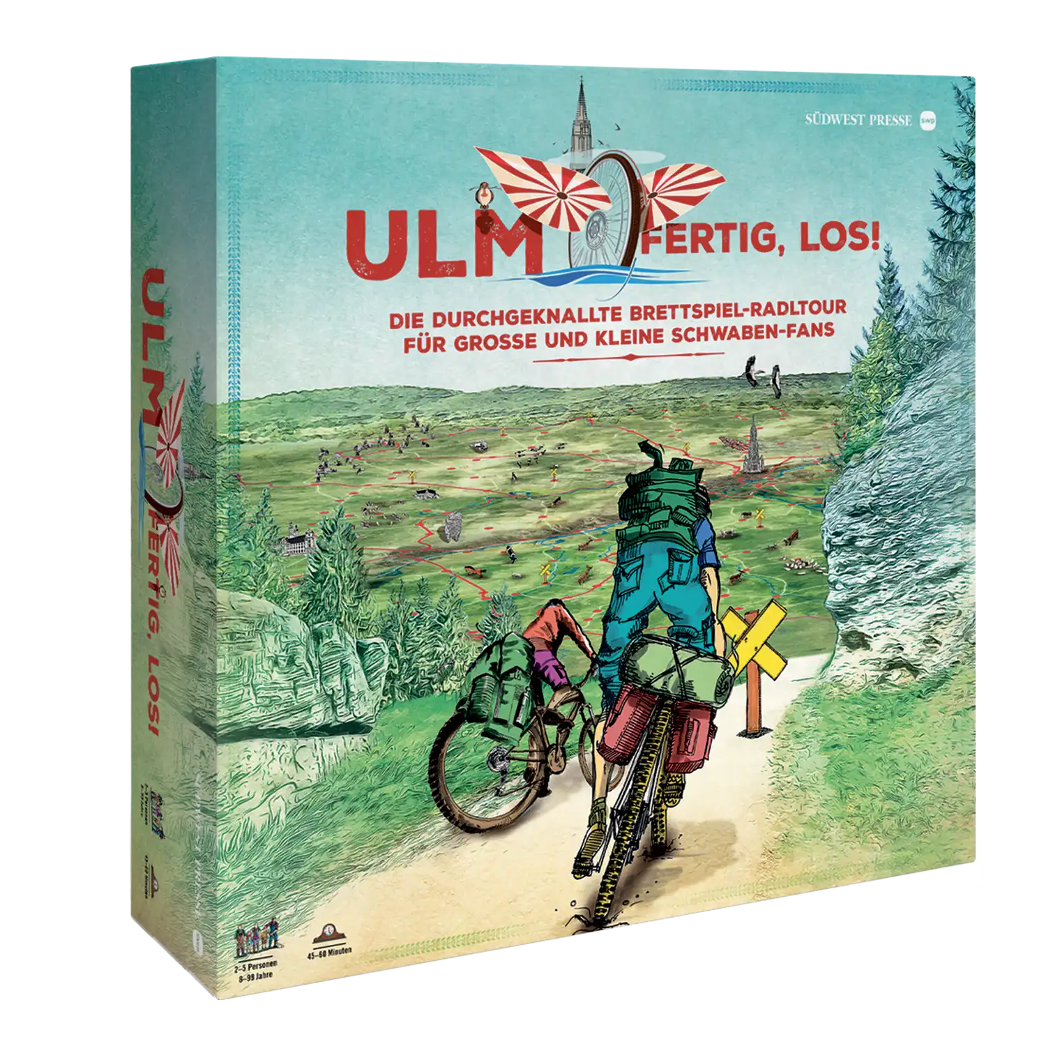 Das Cover von „Ulm, fertig Los – Brettspiel“ zeigt zwei Radfahrer mit Rucksäcken auf einem malerischen Radweg. Ideal für Brettspiel-Radltour-Fans und Schwaben-Fans: üppiges Grün, ein gewundener Fluss und weit entfernte Gebäude prägen das Bild. Titel und Text sind auf Deutsch.