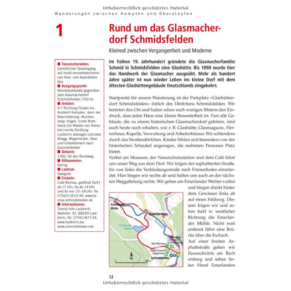 Seite 12 aus „Wanderungen mit dem Kinderwagen im Allgäu“ enthält einen Text über Schmidsfelden. In einer roten Seitenleiste sind Sehenswürdigkeiten und kinderfreundliche Aktivitäten aufgelistet. Eine kleine Karte zeigt eine Wanderroute, die sich ideal für Spaziergänge mit dem Kinderwagen eignet.