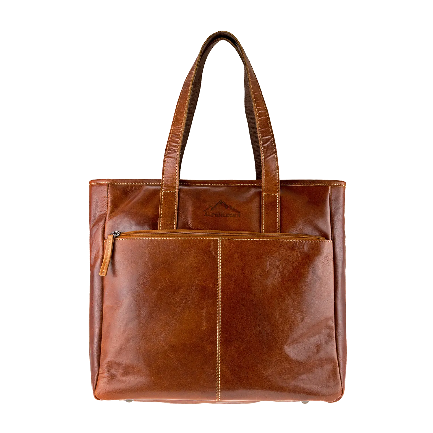 Die Business Handtasche ARCO ist eine braune Ledertasche im sportlichen Design mit zwei Tragegriffen, sichtbaren Nähten und einem Reißverschlussfach auf der Vorderseite. Der Markenname ist auf der Vorderseite eingeprägt. Sie bietet ausreichend Platz und eignet sich auch als stylische Laptoptasche.