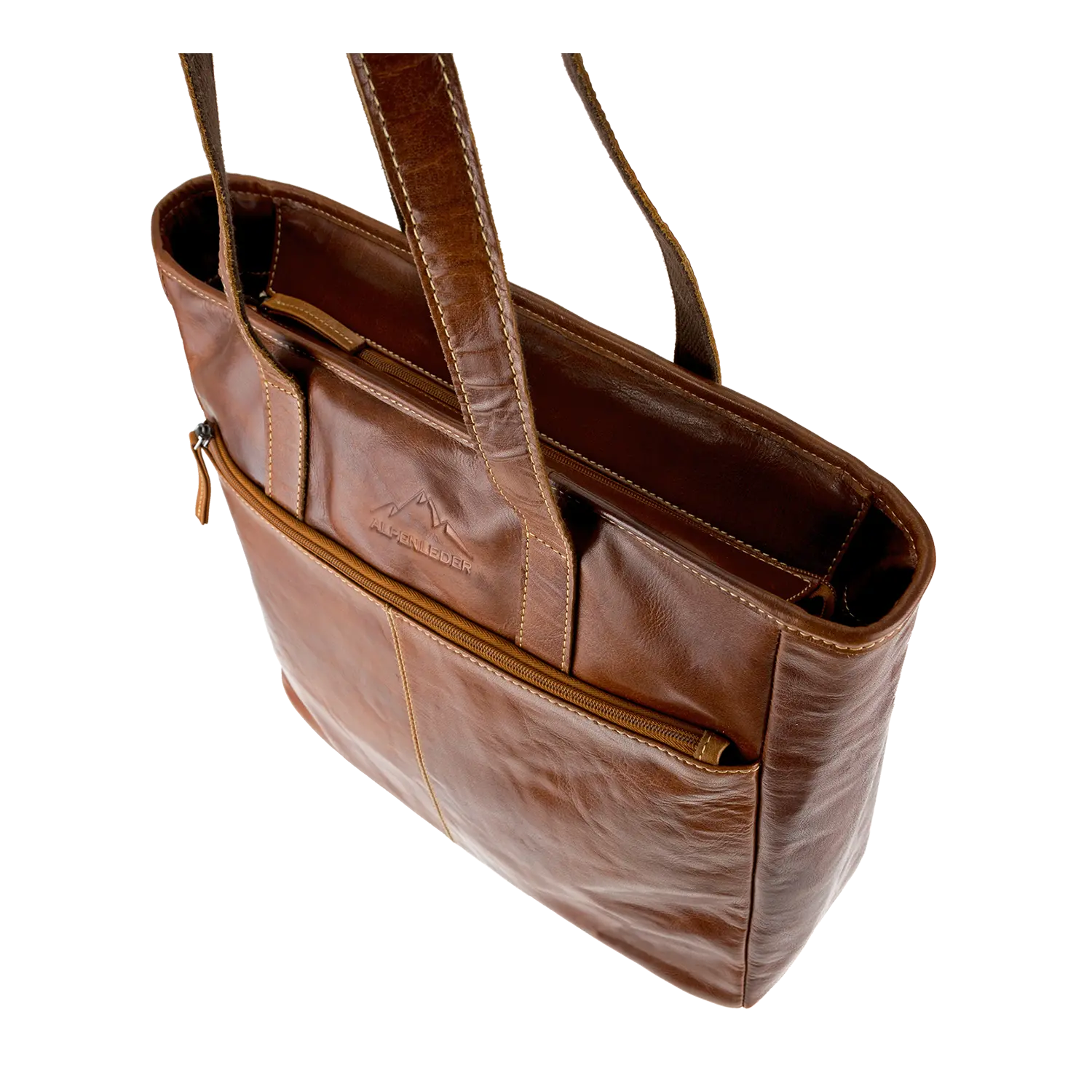 Die Business Handtasche ARCO ist eine braune Ledertasche in der Draufsicht. Sie besticht durch zwei Tragegriffe, mehrere Taschen und ein sportliches Design mit Steppnähten. Sie verfügt über eine dezente Logoprägung und ist wasserabweisend, was sie zur idealen Laptop-Tasche für unterwegs macht.