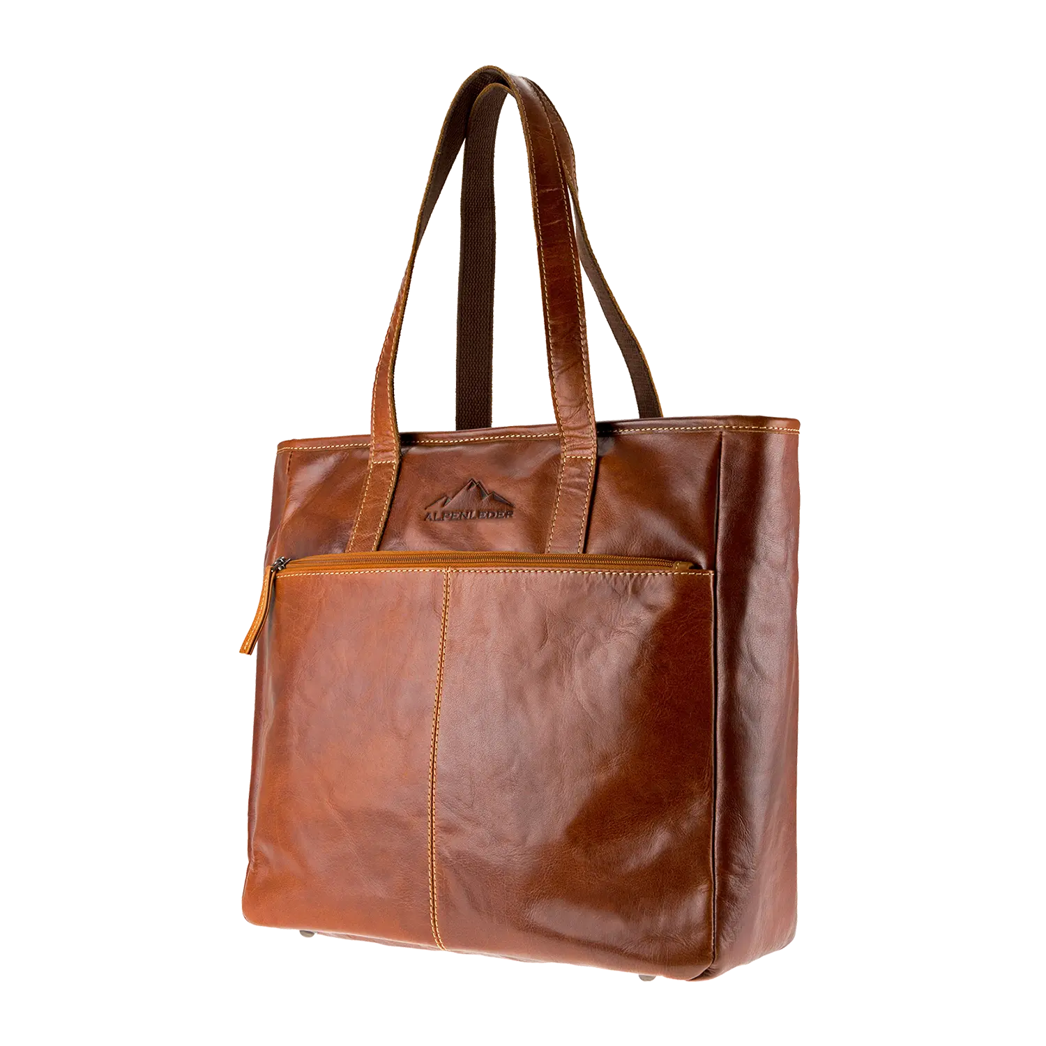 Die Business Handtasche ARCO ist eine braune Ledertasche, ideal für den Büroalltag, mit zwei Tragegriffen und einer Reißverschlusstasche vorne. Von der Seite betrachtet besticht sie durch ihr genähtes Design und das wasserabweisende Material, das Ihre wichtigen Dinge sicher verstaut.