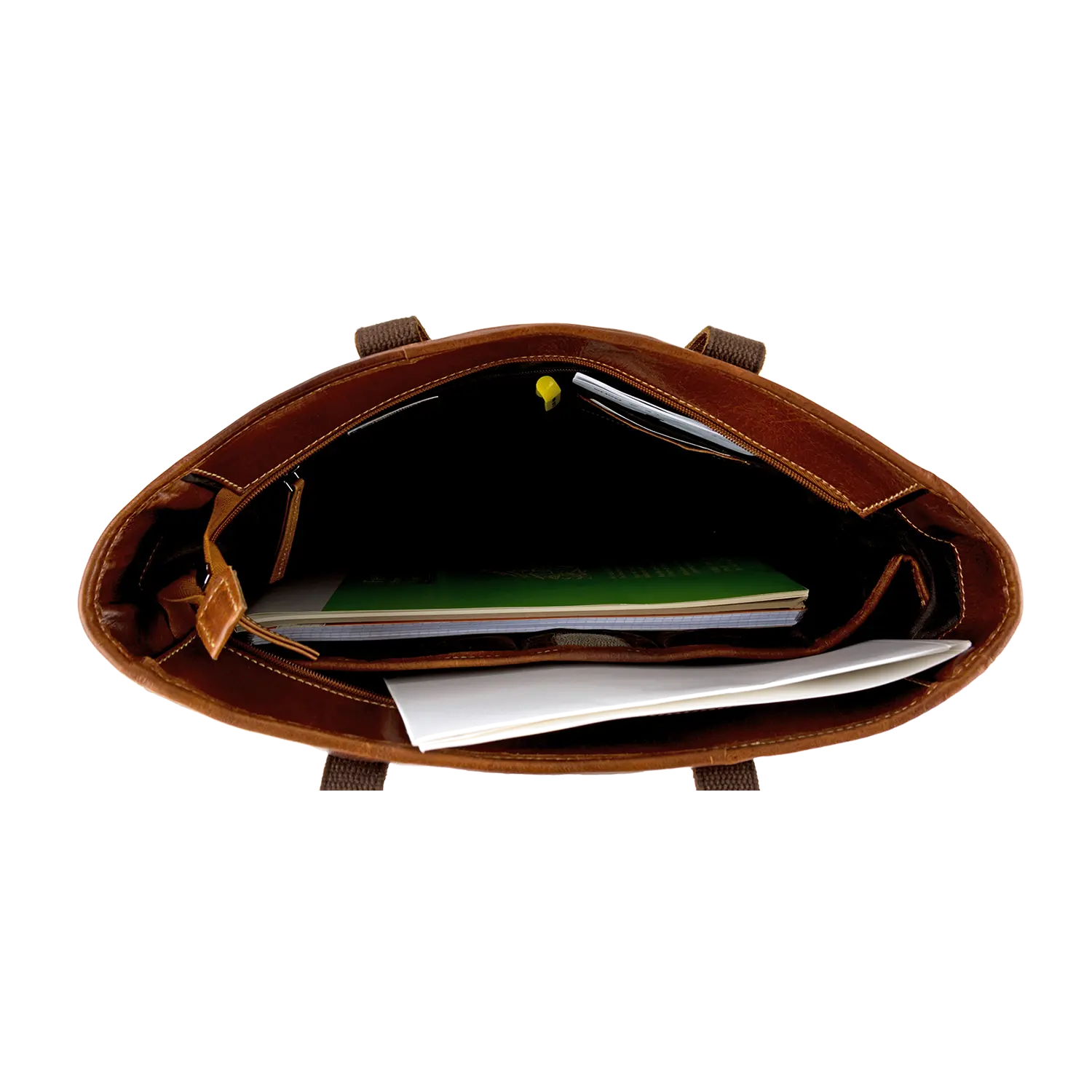 Die Business Handtasche ARCO besticht durch ihr sportliches Design und den übersichtlich sortierten Inhalt: grüner Ordner, weißer Umschlag und Notizbuch. Die wasserabweisende Tasche mit braunen Griffen bietet eine clevere Organisationslösung.