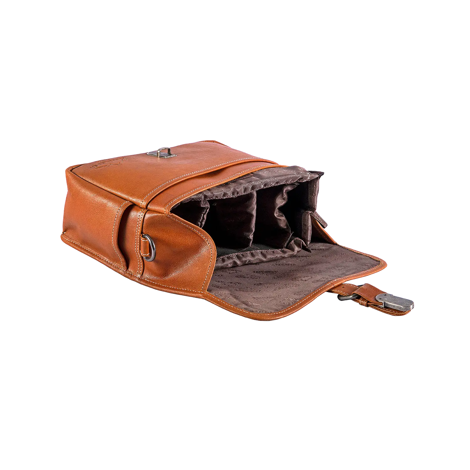 Die Alpenleder Kameratasche PRESSE ist eine braune Lederhandtasche mit offener Klappe, die mehrere mit grauem Stoff gefütterte Fächer und Steckfächer für eine bessere Organisation freigibt. Mit Metallbeschlägen und einem strukturierten Design eignet sie sich perfekt zur sicheren Aufbewahrung persönlicher Gegenstände.