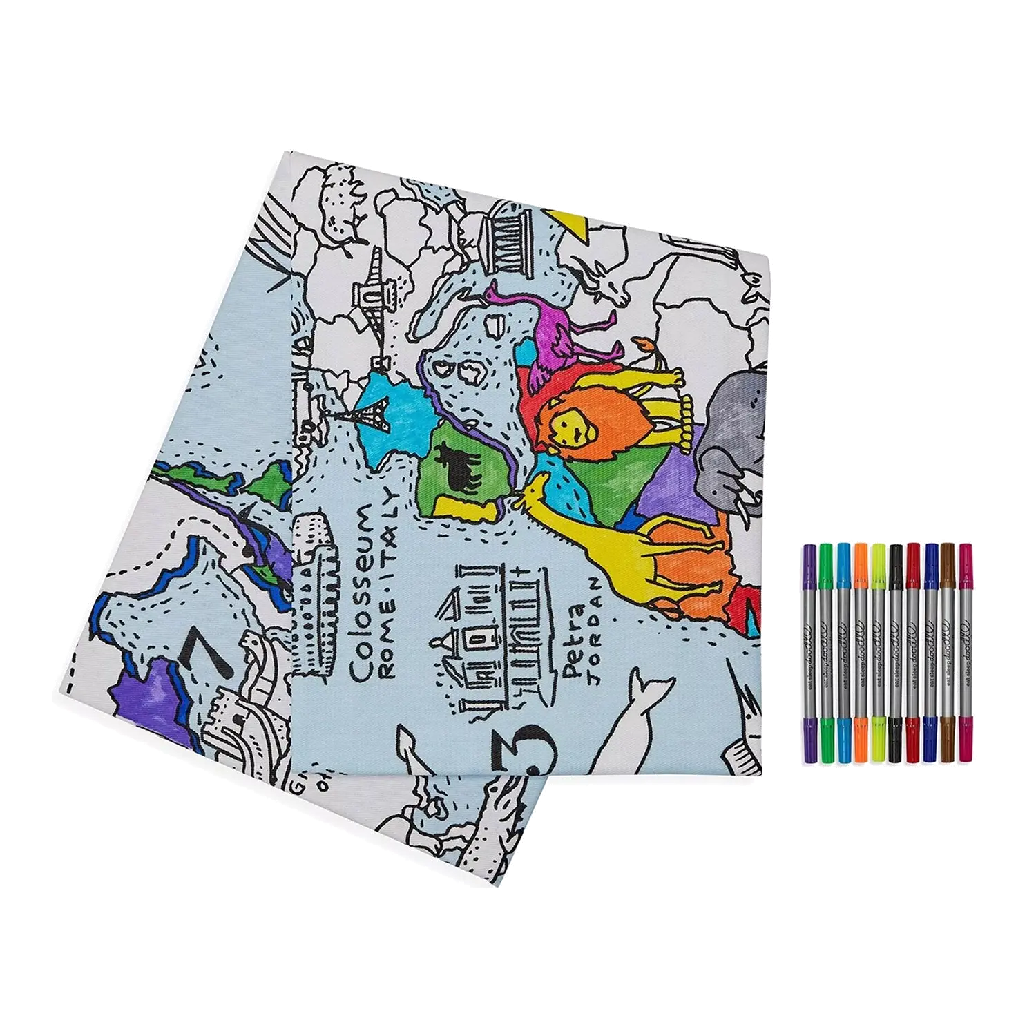 Die Baumwolltischdecke „Color In World Map“ ist eine farbenfrohe Baumwolltischdecke mit Sehenswürdigkeiten und Tieren wie dem Kolosseum, die mit einem Satz mehrfarbiger, auswaschbarer Stoffmarker verkauft wird.