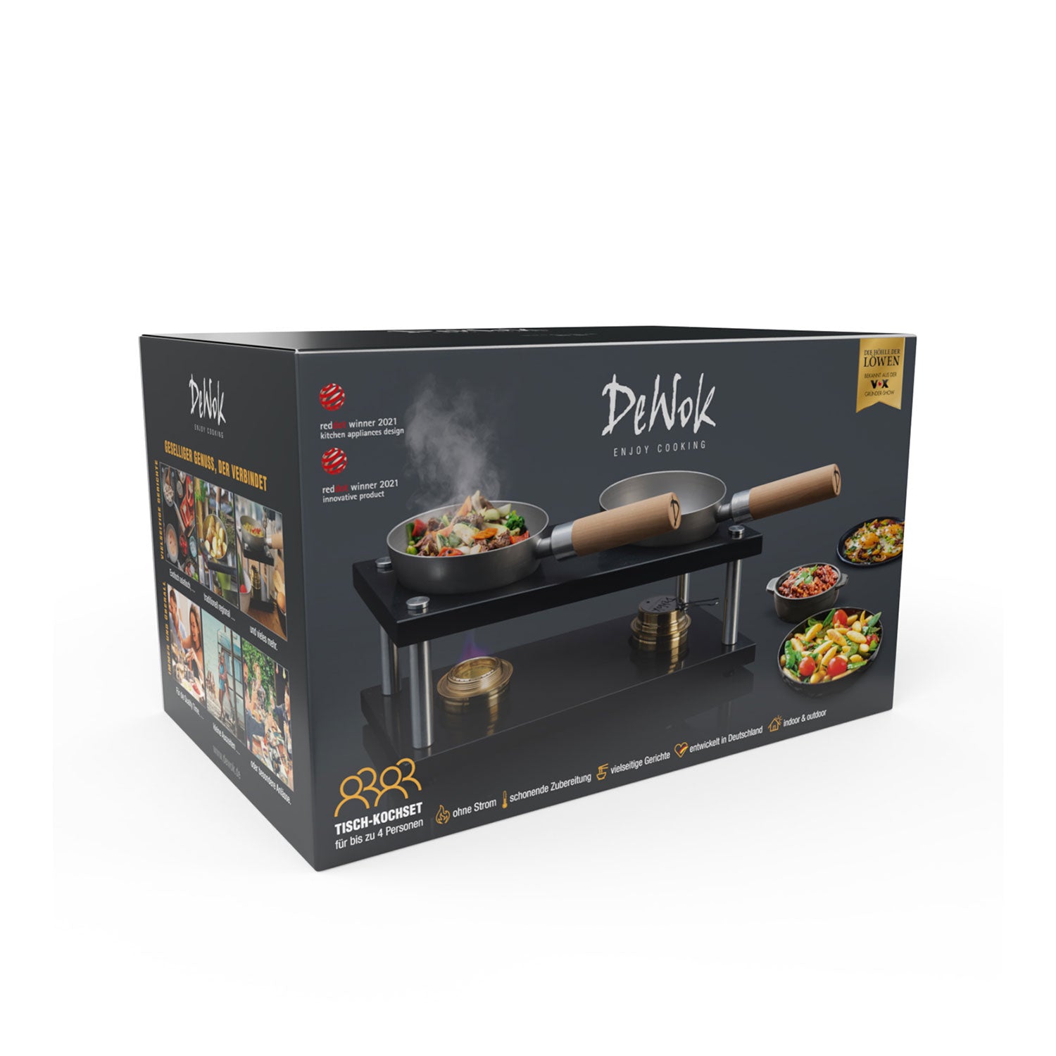 Wir präsentieren „DeWok. Das neue Kochsystem!“ – ein Tischset mit zwei kleinen Woks und Brennern. Das elegante Design in Schwarz und Naturholz zeugt von preisgekrönter Handwerkskunst. Perfekt für einen Soulfood-Moment – die stromfreie Lösung für ein unvergessliches kulinarisches Erlebnis.