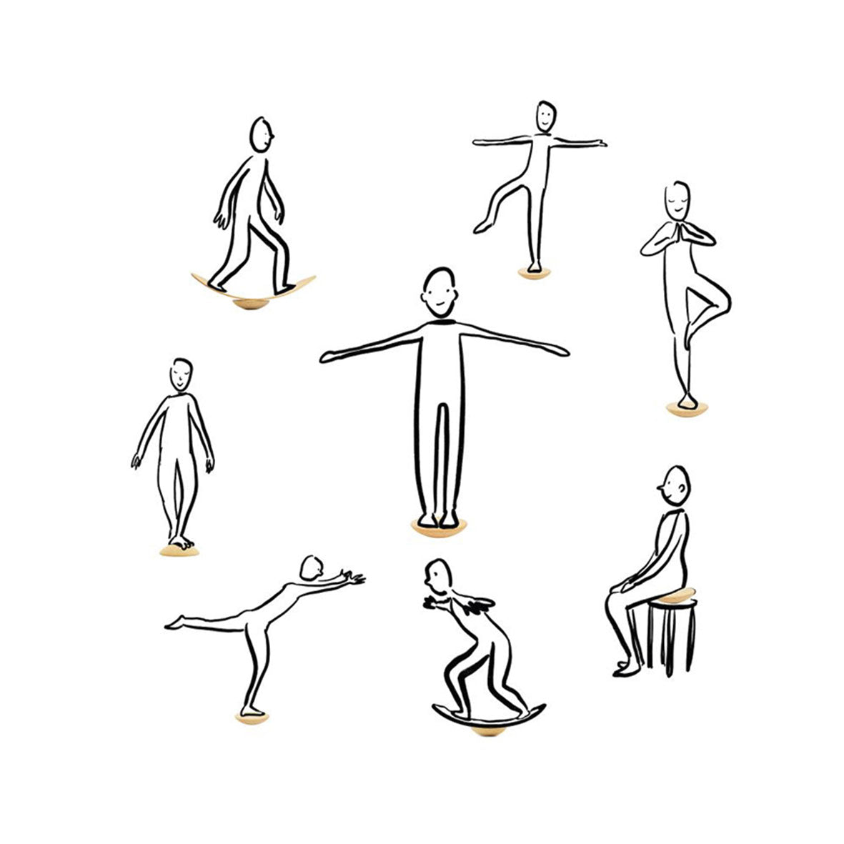 Illustration von sieben Strichmännchen in Yoga-Posen, mit dem Wackler: auf einem Bein stehend, auf einer ergonomischen Sitzunterlage sitzend, nach vorne gestreckt und auf einem Balance Pad balancierend. Jede Figur ist mit einfachen Linien auf weißem Hintergrund gezeichnet.