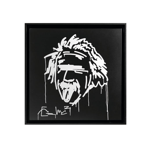 Der Albert Einstein Designspiegel zeigt eine abstrakte Strichzeichnung in Schwarzweiß von Einsteins Gesicht mit heraushängender Zunge vor einem schwarzen Hintergrund für einen kräftigen, von Graffiti inspirierten urbanen Look.