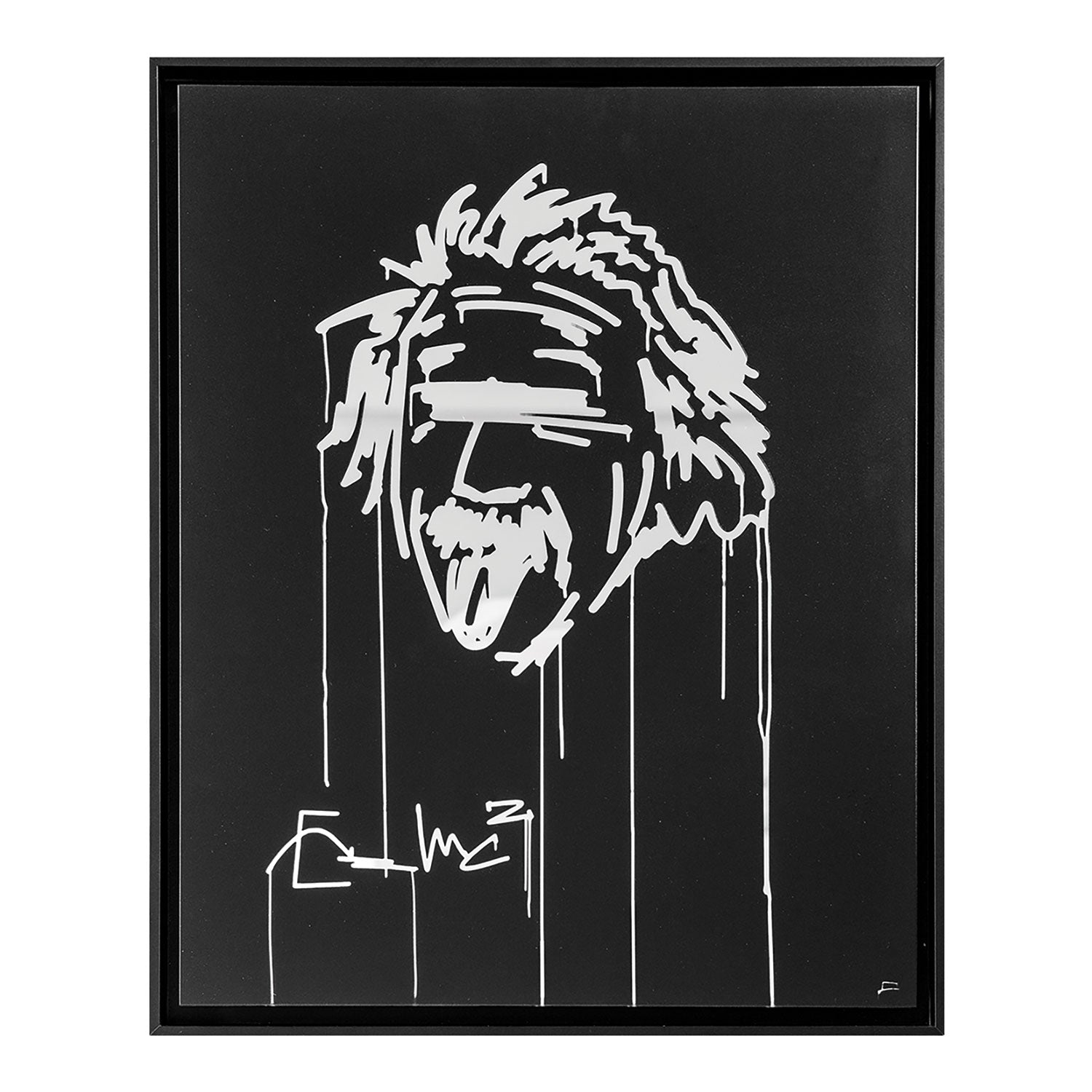 Der Albert Einstein Designspiegel zeigt eine minimalistische schwarz-weiße Strichzeichnung von Einstein mit heraushängender Zunge auf schwarzem Hintergrund, schwarz gerahmt und von der Graffiti-Kunst inspiriert, komplett mit einer stilisierten Signatur am unteren Rand.