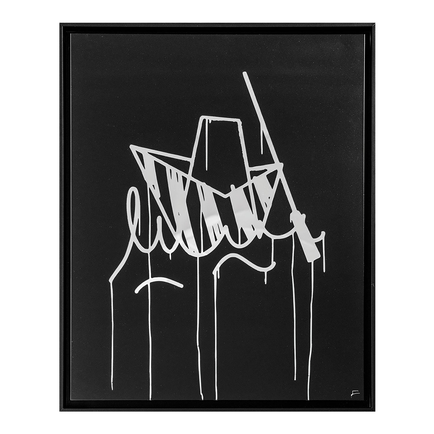 Der Ulmer Schachtel Designspiegel zeigt abstrakte Kunstwerke mit weißen, tropfenden Linien und geometrischen Formen auf einem soliden schwarzen Hintergrund, eine Mischung aus Graffiti-Stil und skizzenhaften Markierungen, alles eingeschlossen in einem dünnen schwarzen Rahmen für einen urbanen Look.