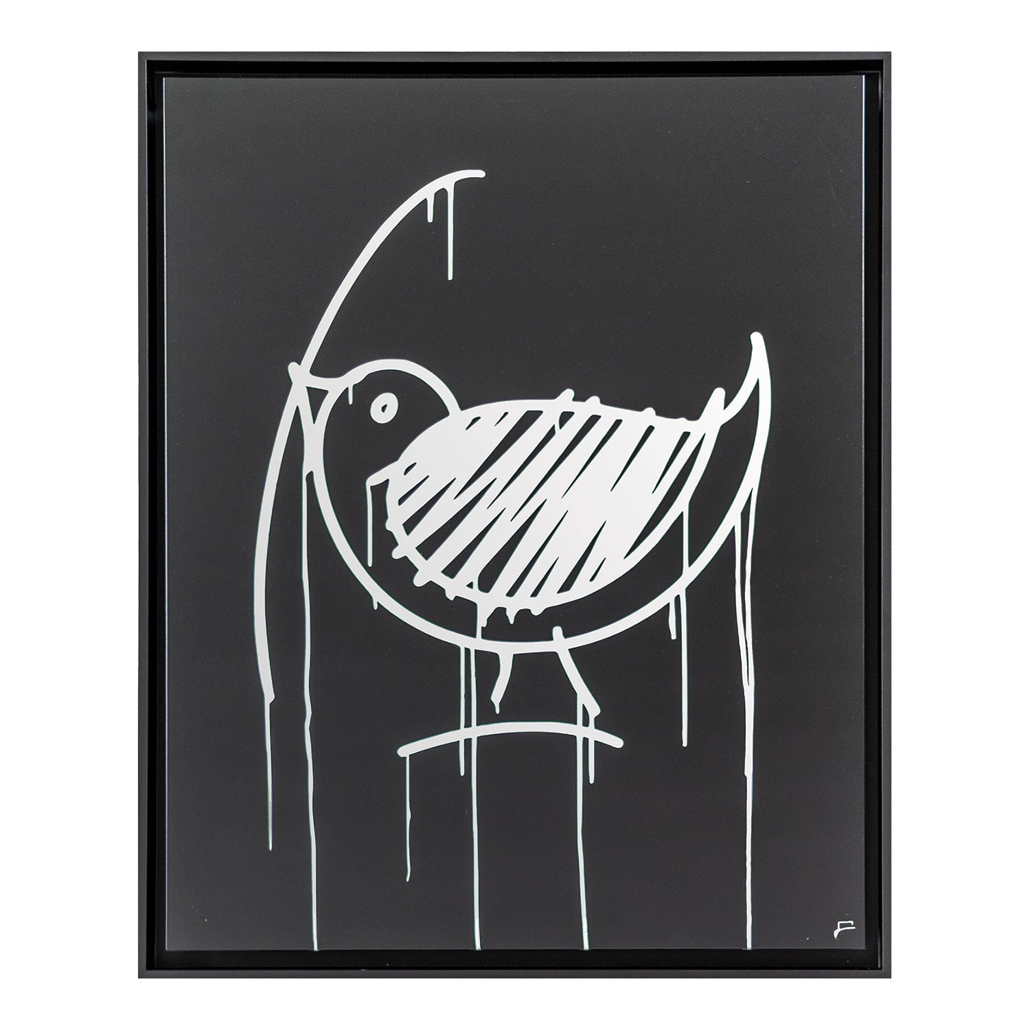 Der Ulmer Spatz Designspiegel zeigt eine minimalistische weiße Strichzeichnung eines Ulmer Spatz auf einem Ast mit Farbtropfen auf schwarzem Grund – ein auffälliges gerahmtes Stück für Fans von Graffiti-Kunst und zeitgenössischer Kunst.