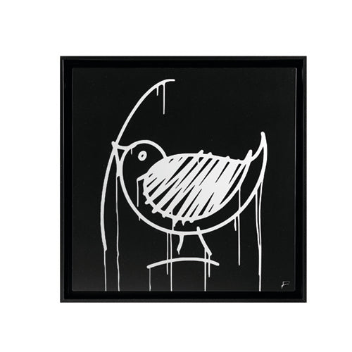 Der Ulmer Spatz Designspiegel zeigt einen minimalistischen schwarz-weißen Vogel mit tropfenden Farblinien und einem weißen Umriss auf schwarzem Hintergrund, inspiriert von Graffiti-Kunst, in Schwarz gerahmt und mit der Designspiegel-Signatur unten rechts.