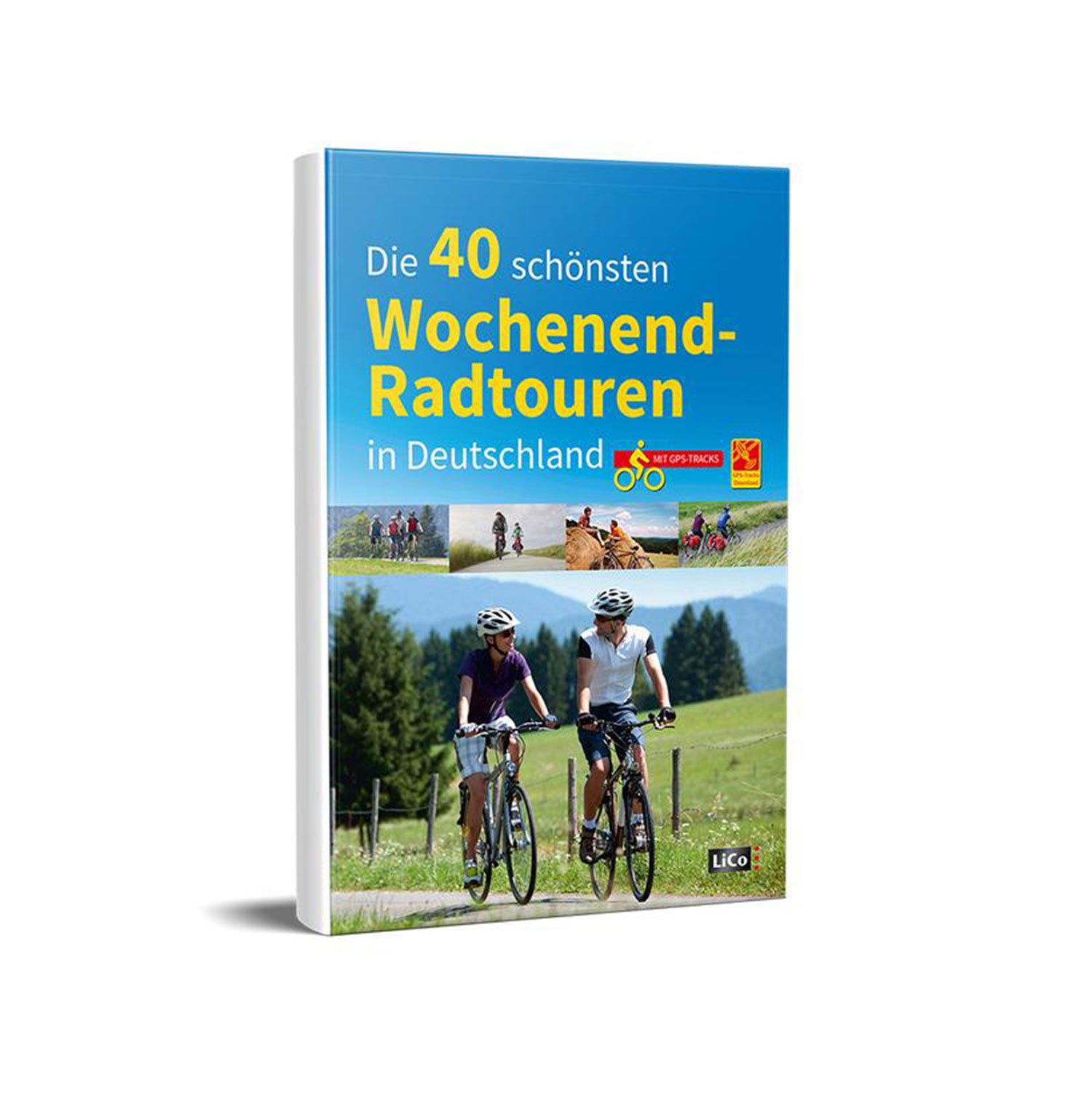 Das Buchcover mit dem Titel „Die 40 schönsten Wochenend-Radtouren in Deutschland“ zeigt drei Radfahrer auf einem Weg zwischen grünen Hügeln und Bäumen, die die Highlights der Radregionen verkörpern, wobei ein kleines Fahrradsymbol die Szenerie verschönert.