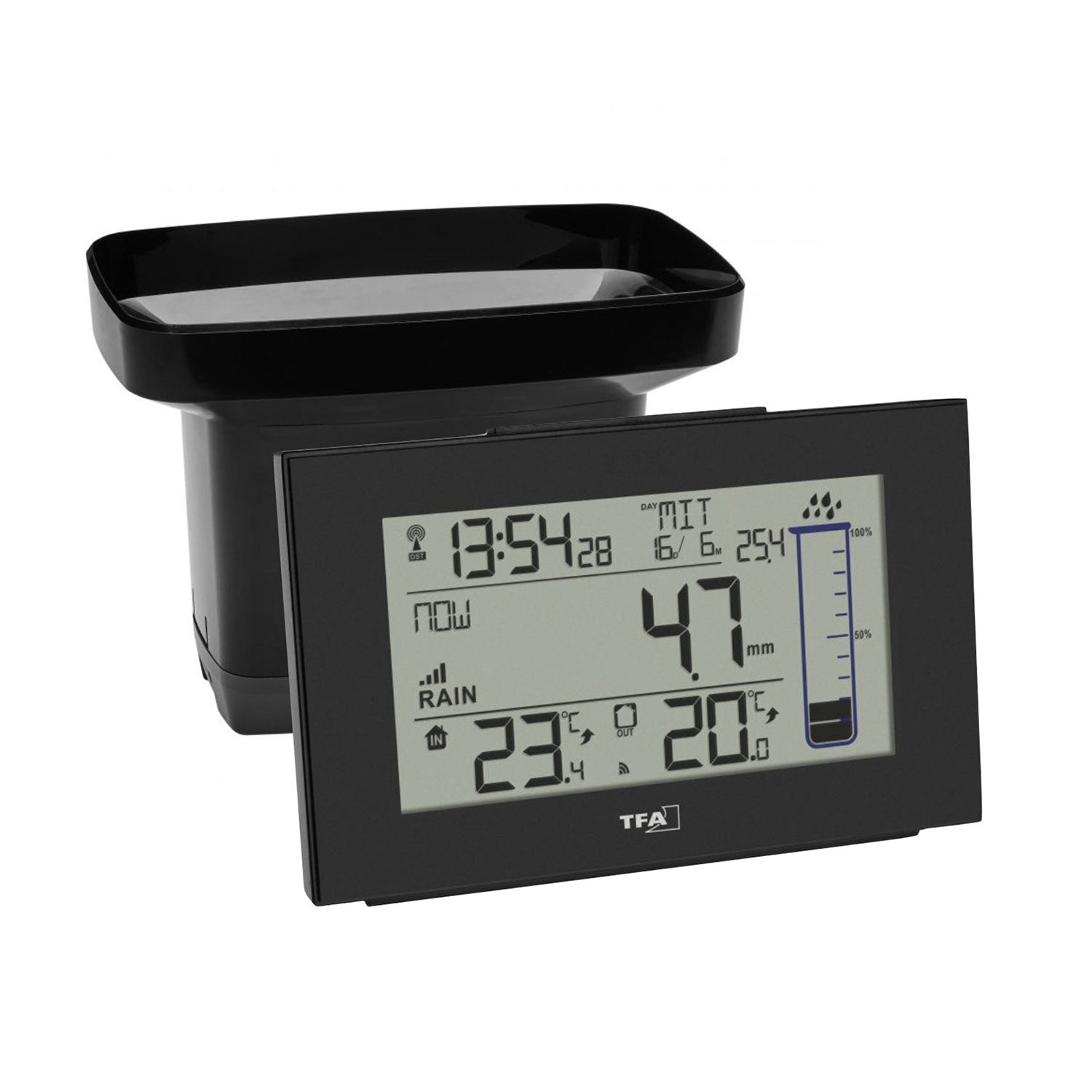 Der digitale Funk-Regenmesser zeigt Uhrzeit, Datum, Regenmenge und Temperaturen mit kabelloser Übertragung an. Hinter dem Display befindet sich ein Regenmesser. Der Bildschirm zeigt 47 mm Niederschlag und Temperaturwerte von 23,4 °C Innentemperatur und 20,0 °C Außentemperatur an.