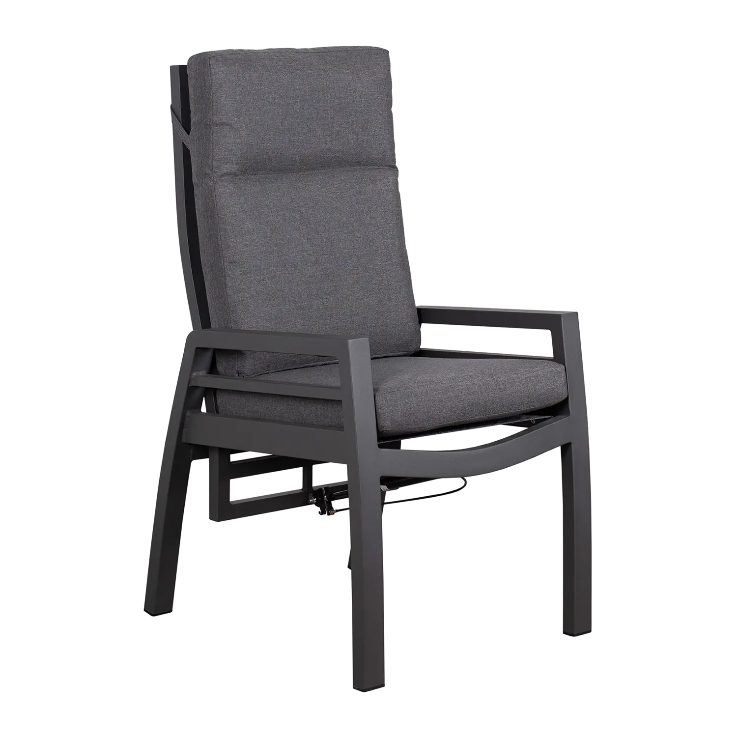 Das klappbare Gartenstuhl-Ess-Relaxsessel-Set Merida 2er besteht aus modernen Gartenstühlen mit schwarzem Metallrahmen und dunkelgrauen gepolsterten Sitz- und Rückenkissen, die vor einem weißen Hintergrund abgebildet sind.