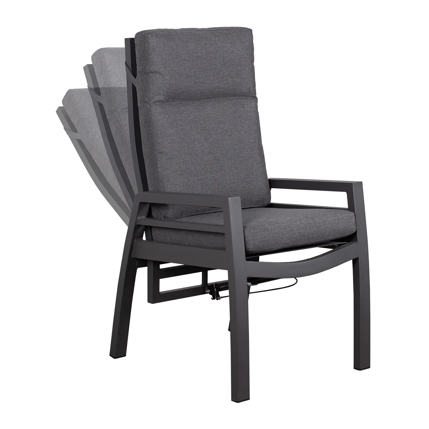 Das klappbare Gartenstuhl-Ess-Relaxsessel-Set Merida 2er besteht aus dunkelgrauen, gepolsterten Liegestühlen mit Metallrahmen, die in drei verschiedenen Liegepositionen vor einem weißen Hintergrund dargestellt sind.