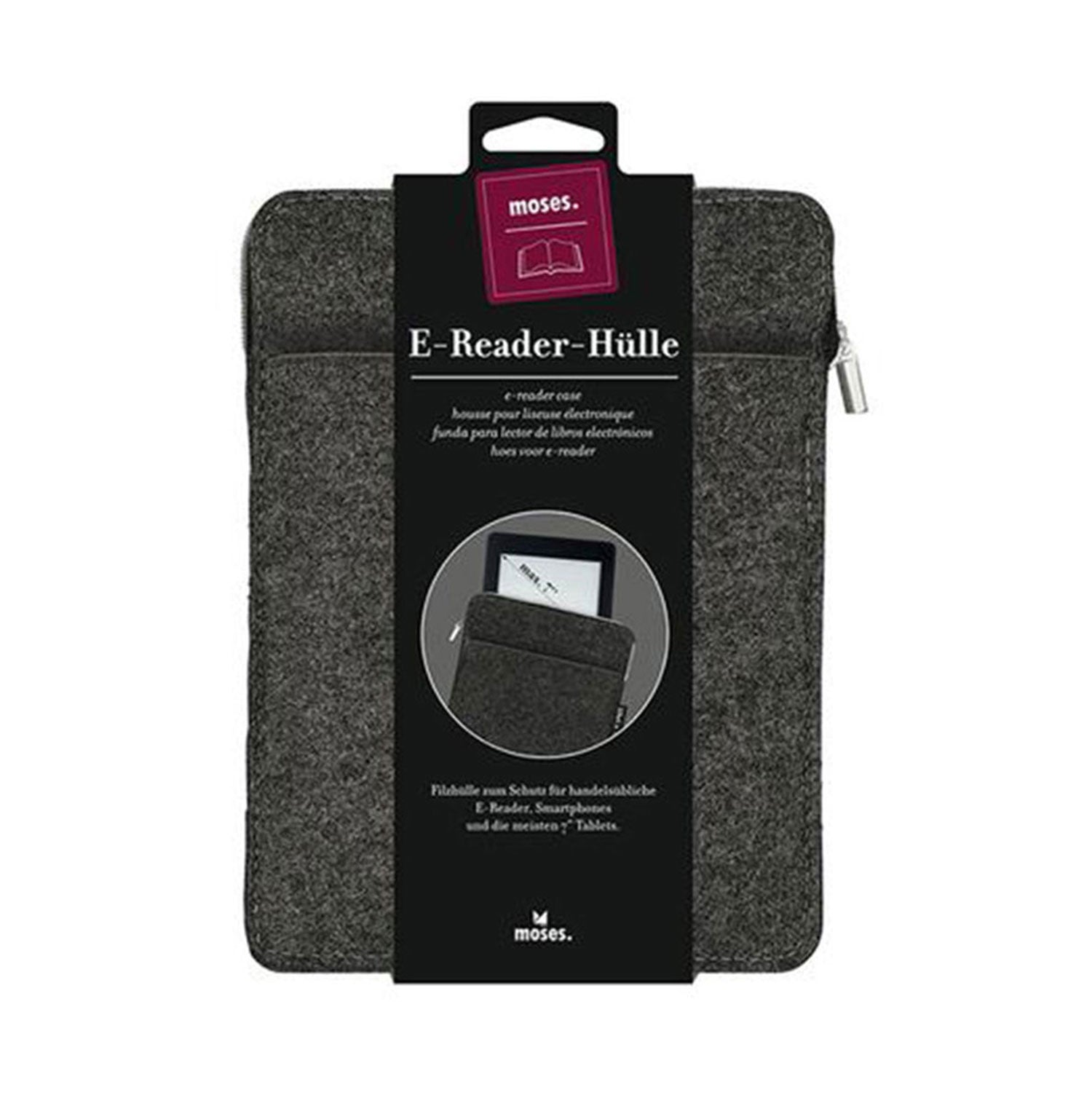 Eine graue E-Reader-Hülle aus Filz von moses, ideal für Mini-Tablets, verfügt über ein schwarzes Etikett. Die Verpackung zeigt eine Filzhülle mit einem darin befindlichen E-Reader und einem eleganten silbernen Reißverschluss an der Oberseite.