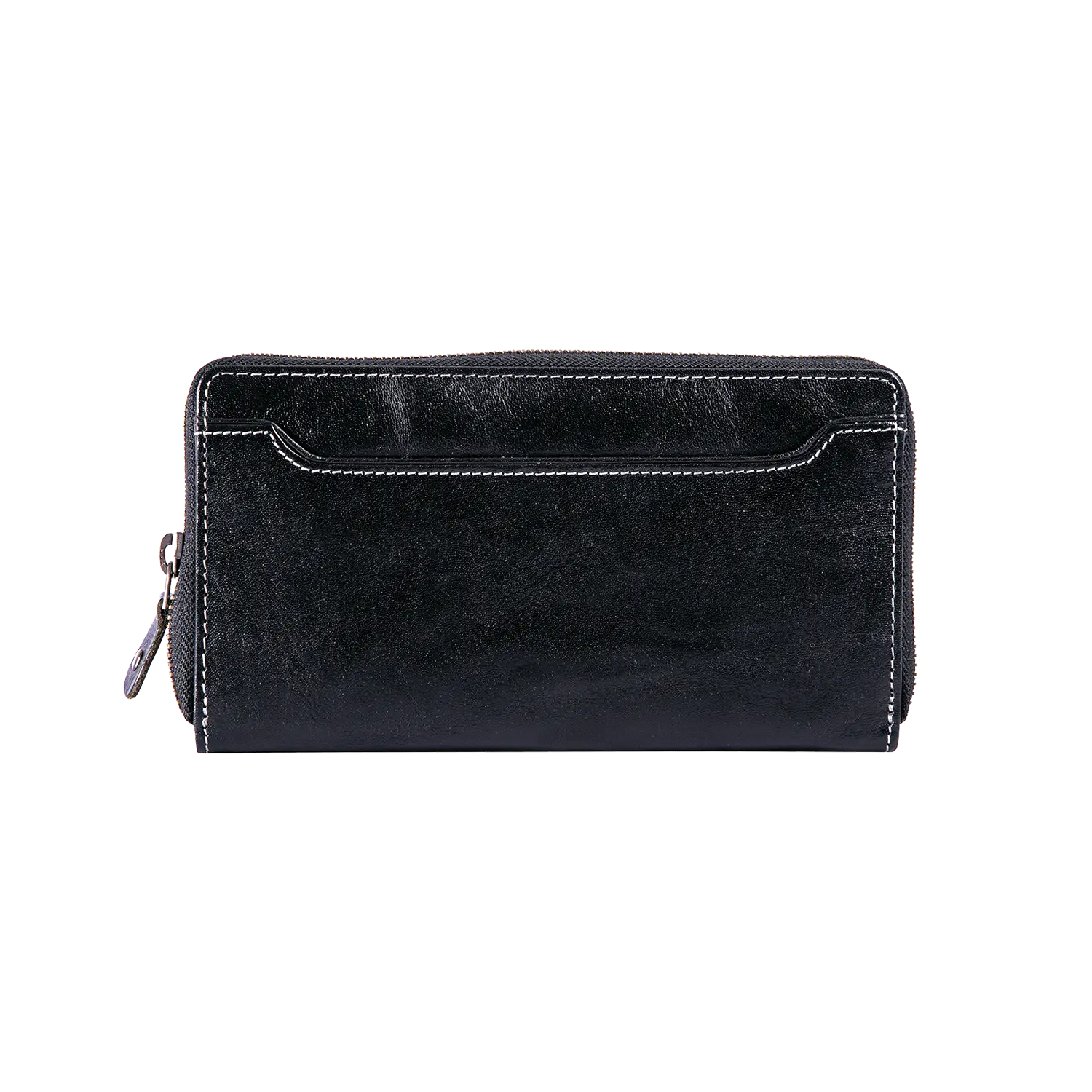 Der Damengeldbeutel EDELWEISS ist eine schwarze Lederbrieftasche mit schlankem Design, weißen Randnähten, RFID-Schutz und einem sichtbaren seitlichen Reißverschluss für einen schlichten und dennoch eleganten Look.