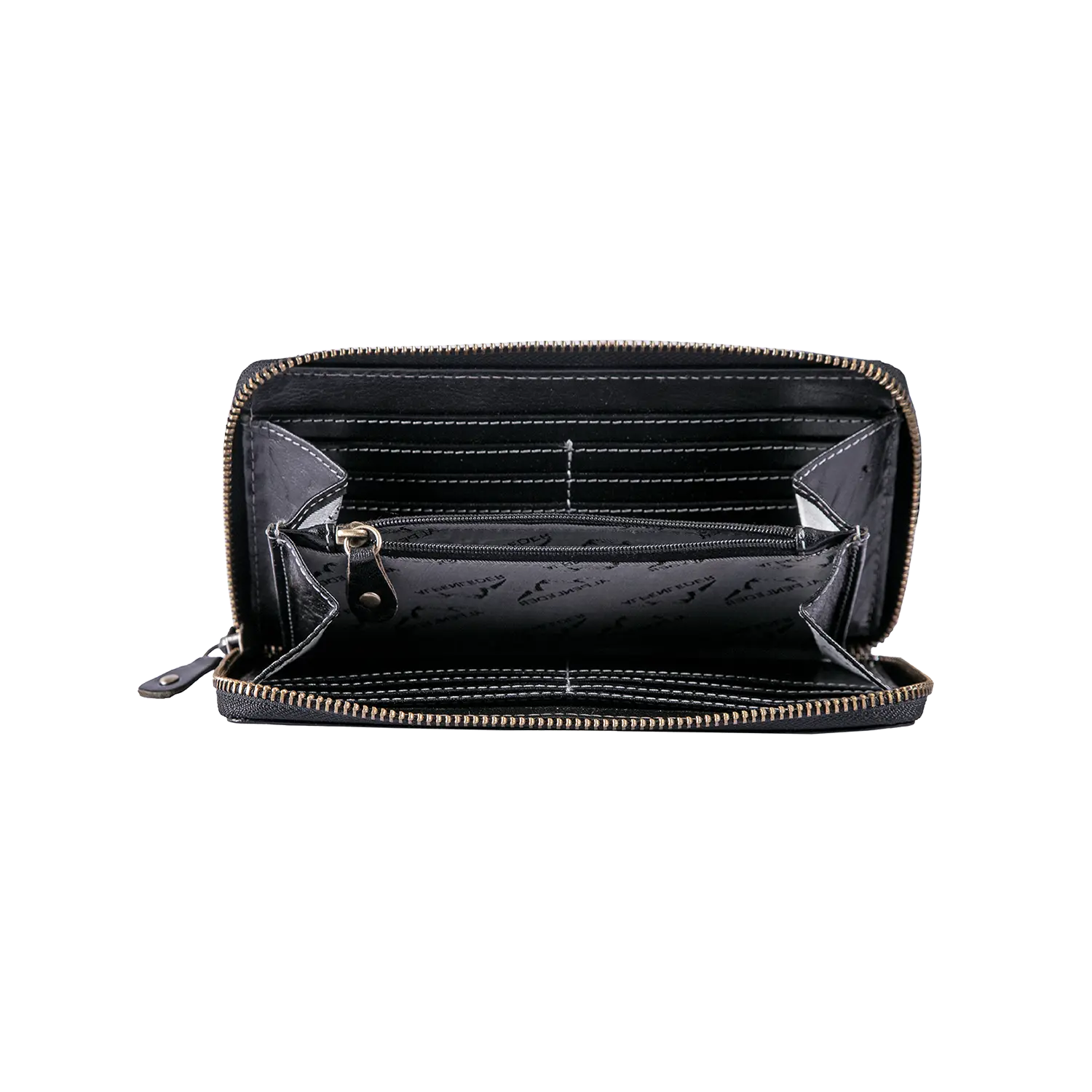 Der Damengeldbeutel EDELWEISS, ein offenes schwarzes Portemonnaie mit Rundum-Reißverschluss und RFID-Schutz, verfügt über Fächer, Kartenfächer und ein Münzfach mit Reißverschluss. Er setzt sich elegant vor weißem Hintergrund in Szene.