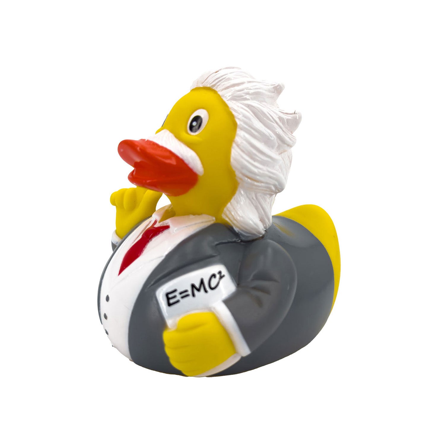 Das Badeset Geschenk Einstein zeigt eine gelbe Quietscheente im Wissenschaftlerkostüm mit wildem weißen Haar, Schnurrbart, grauem Anzug und roter Krawatte. Im rechten Flügel hält sie ein E=MC²-Buch – perfekt für alle Physikliebhaber!.