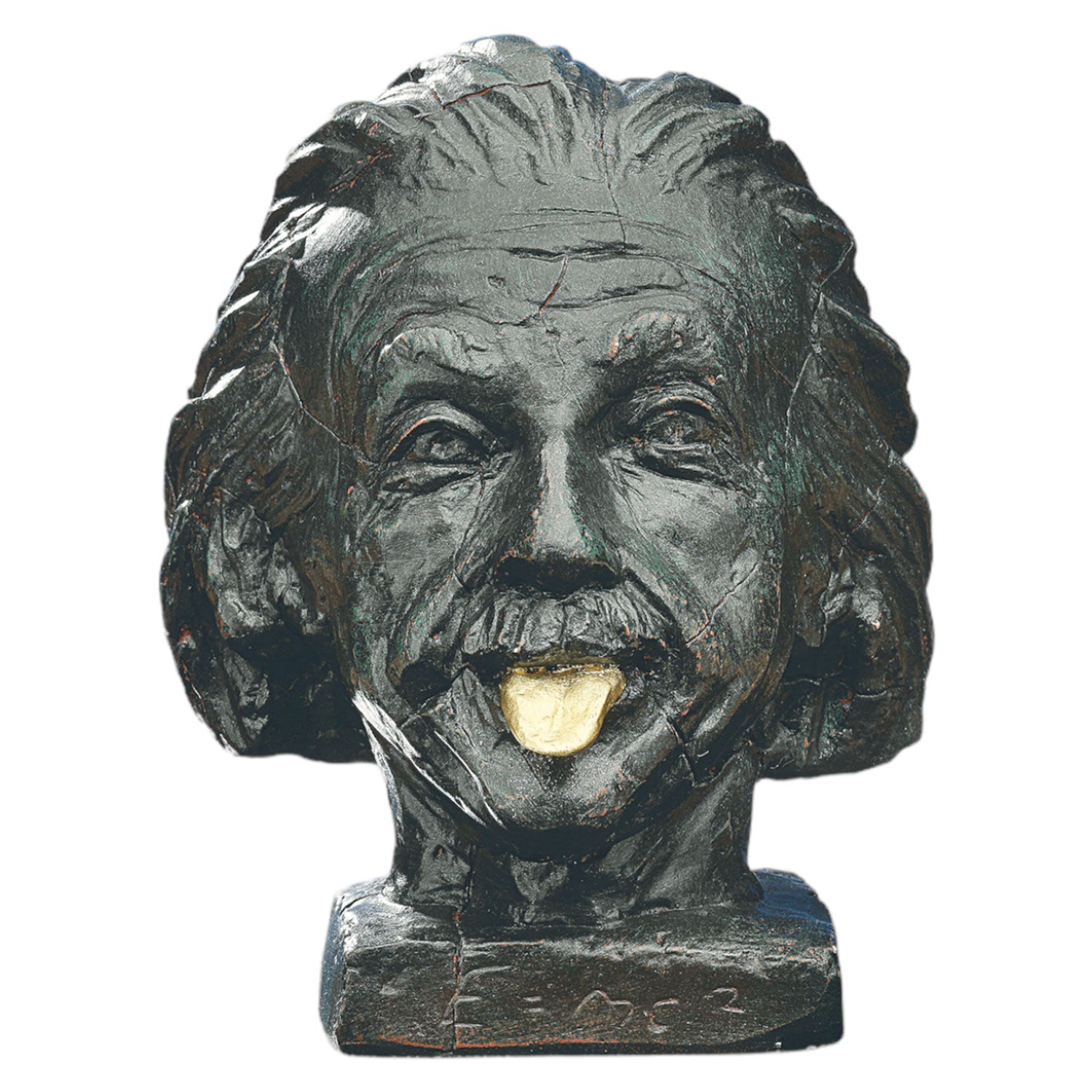 Die Skulptur „Einstein-Kopf mit goldener Zunge“ ist eine Holzskulptur mit kunstvollen Schnitzereien eines Mannes mit wildem Haar und Schnurrbart, der die Zunge herausstreckt. Die Holzstruktur betont die Gesichtszüge, und die eingravierten Symbole im Sockel fangen das Wesen eines brillanten Wissenschaftlers ein.
