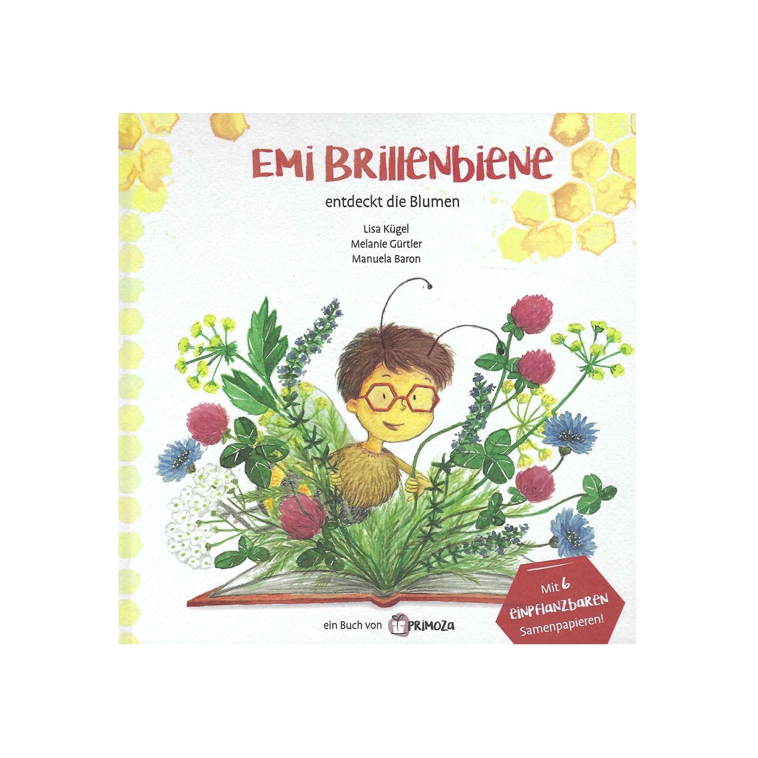 Die Coverillustration von „Emi Brillenbiene – Die weite Reise einer kleinen Biene“ zeigt eine Comic-Biene mit Brille auf einem offenen Buch, umgeben von blumenfreundlichen Blüten und Blättern auf einem weißen Hintergrund mit Wabenmuster.